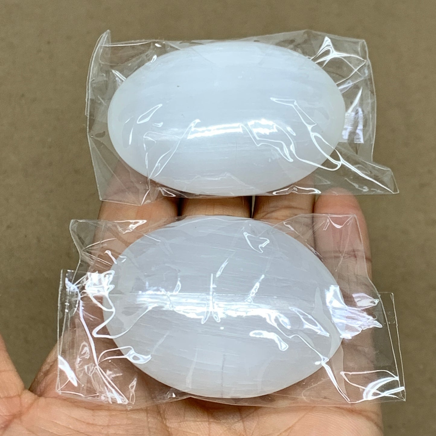 141g, 2.4"x1.8"x1", 2pcs, White Selenite Palmstone Crystal Pillow, B36875