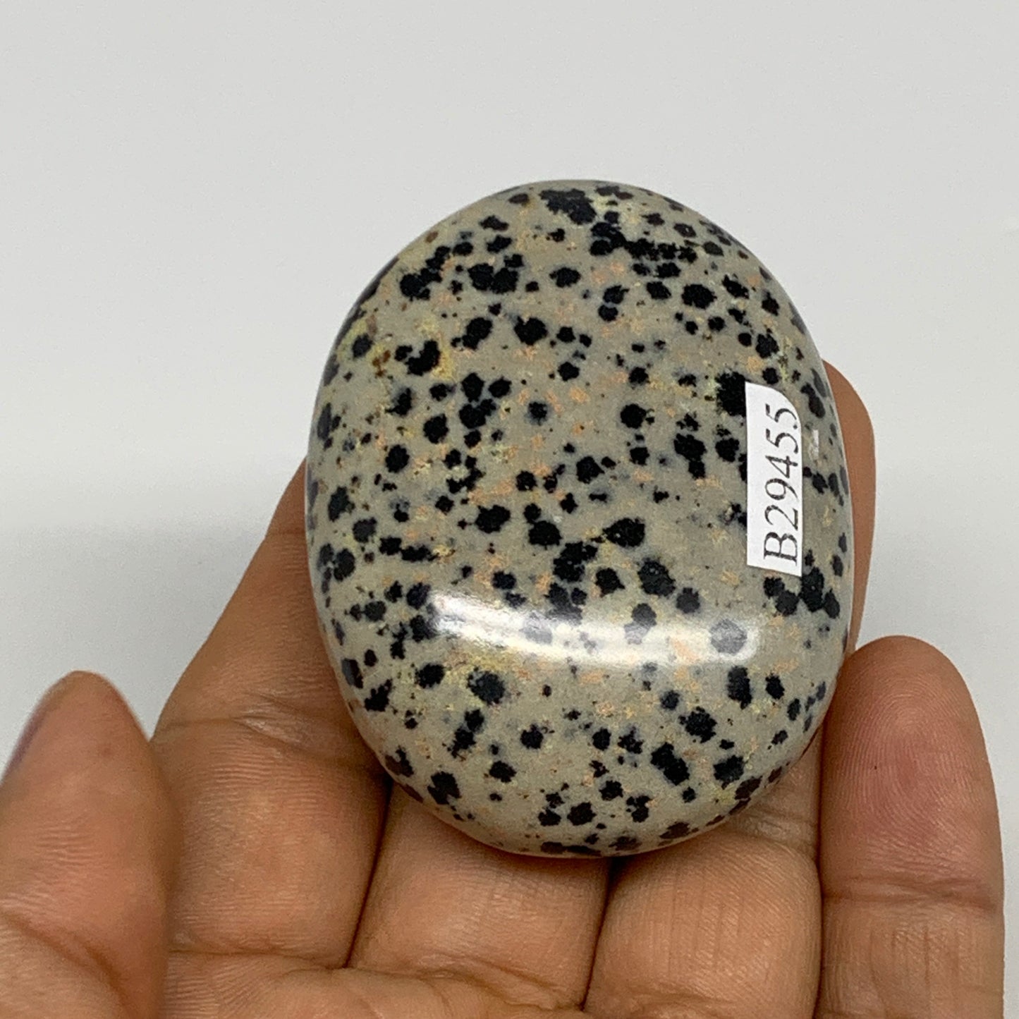 80.5g, 2.2"x1.7"x0.8", Natural Dalmatian Jasper Palm-Stone @India, B29455