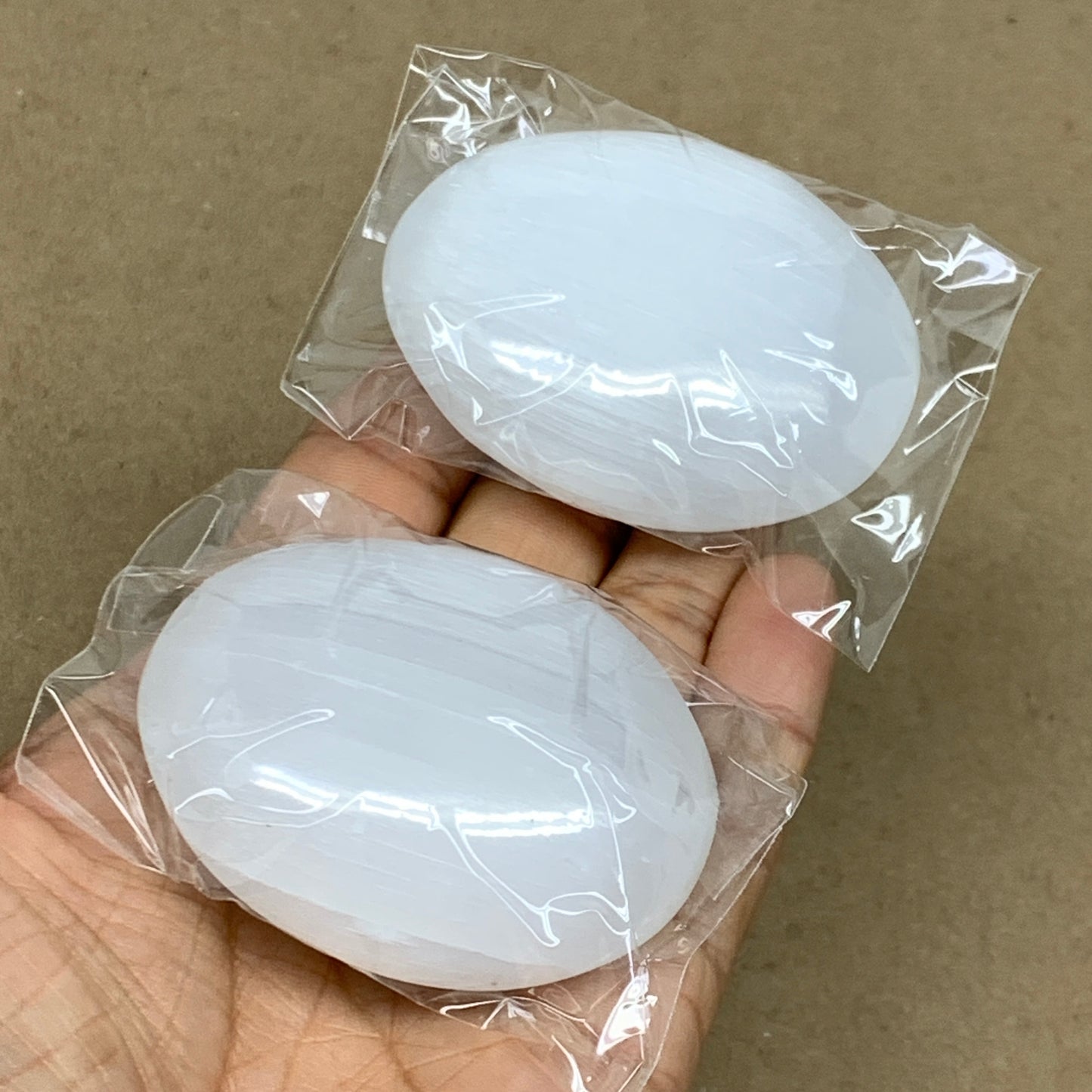 170g, 2.4"x1.8"x1", 2pcs, White Selenite Palmstone Crystal Pillow, B36878