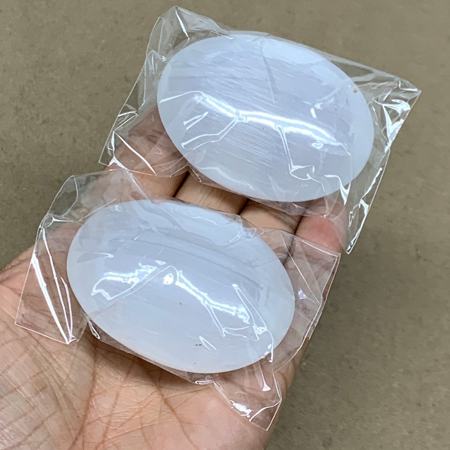 153g, 2.4"x1.8"x1", 2pcs, White Selenite Palmstone Crystal Pillow, B36882