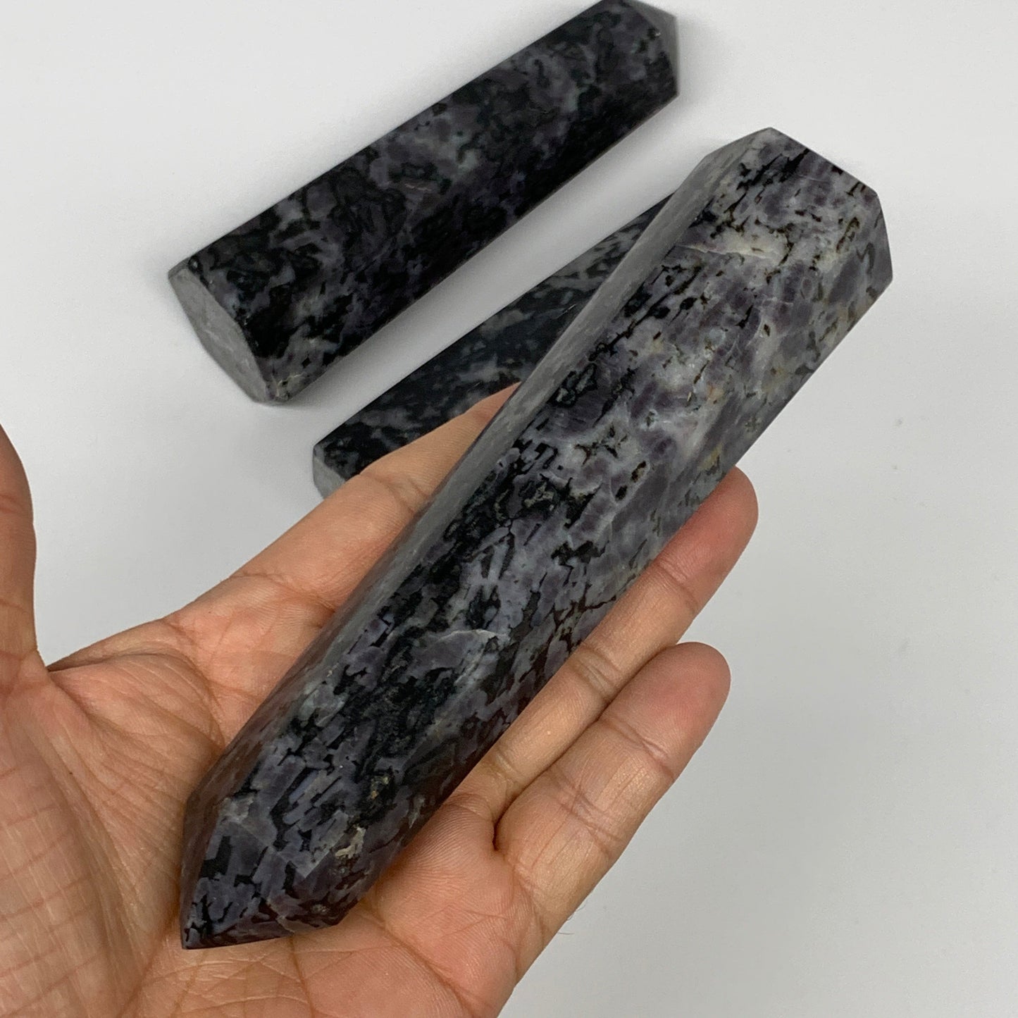 910 grams, 5.8" - 5.9", 3 pcs, Indigo Gabro Merlinte Towers/Obelisks, B21439