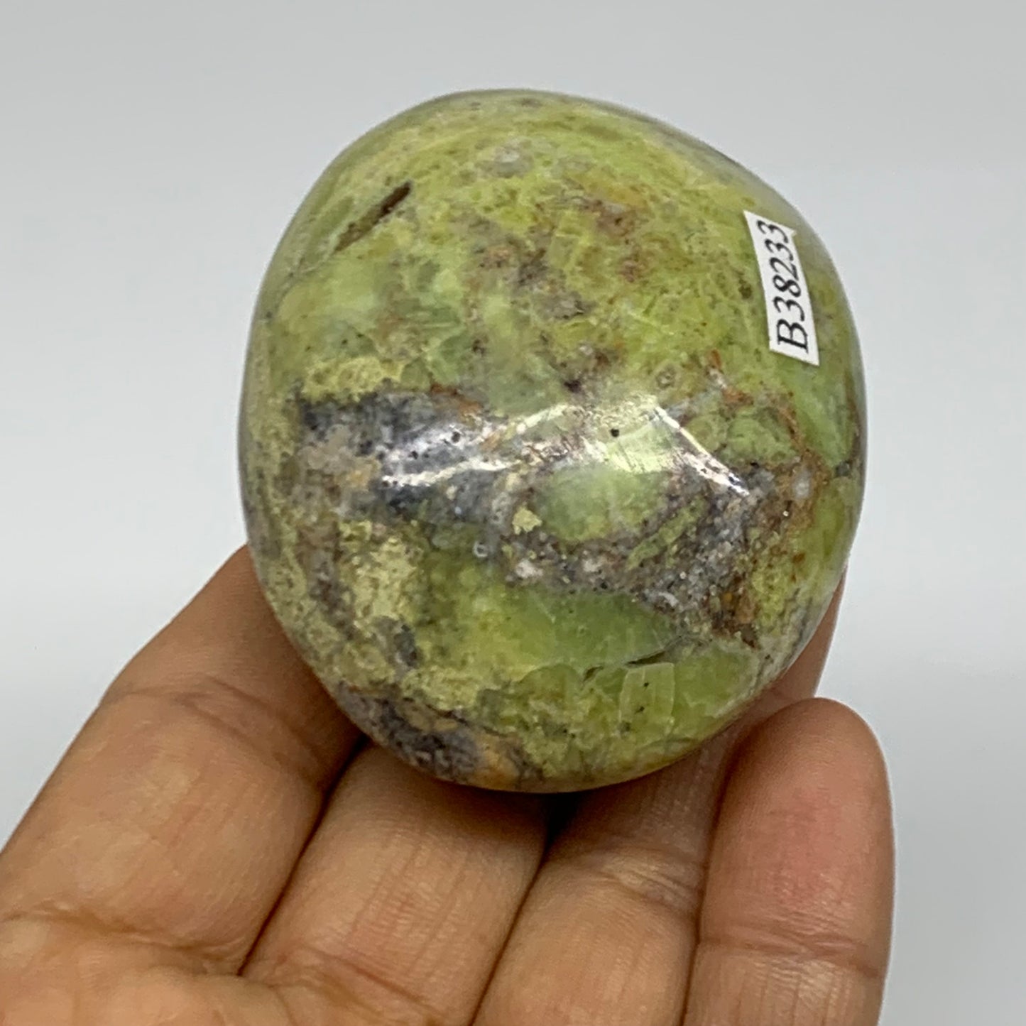 108.7g, 2.5"x2"x1.3", Green Opal Crystal PalmStone Polished Reiki, B38233