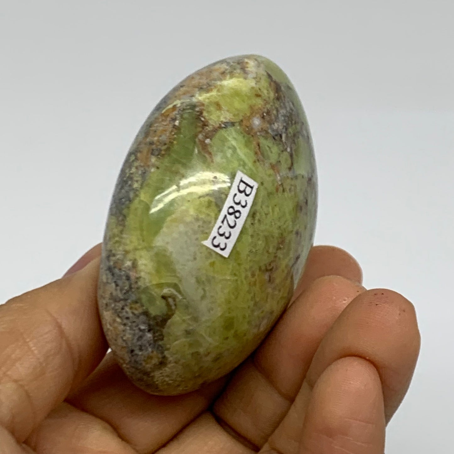 108.7g, 2.5"x2"x1.3", Green Opal Crystal PalmStone Polished Reiki, B38233
