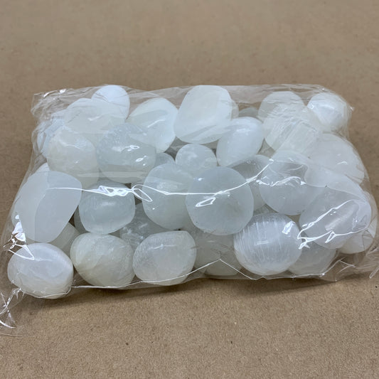 2.2 lbs, 1" x 1.4", Aprox 50pcs, Tumbled Selenite Crystals, Satin Spar, B36891