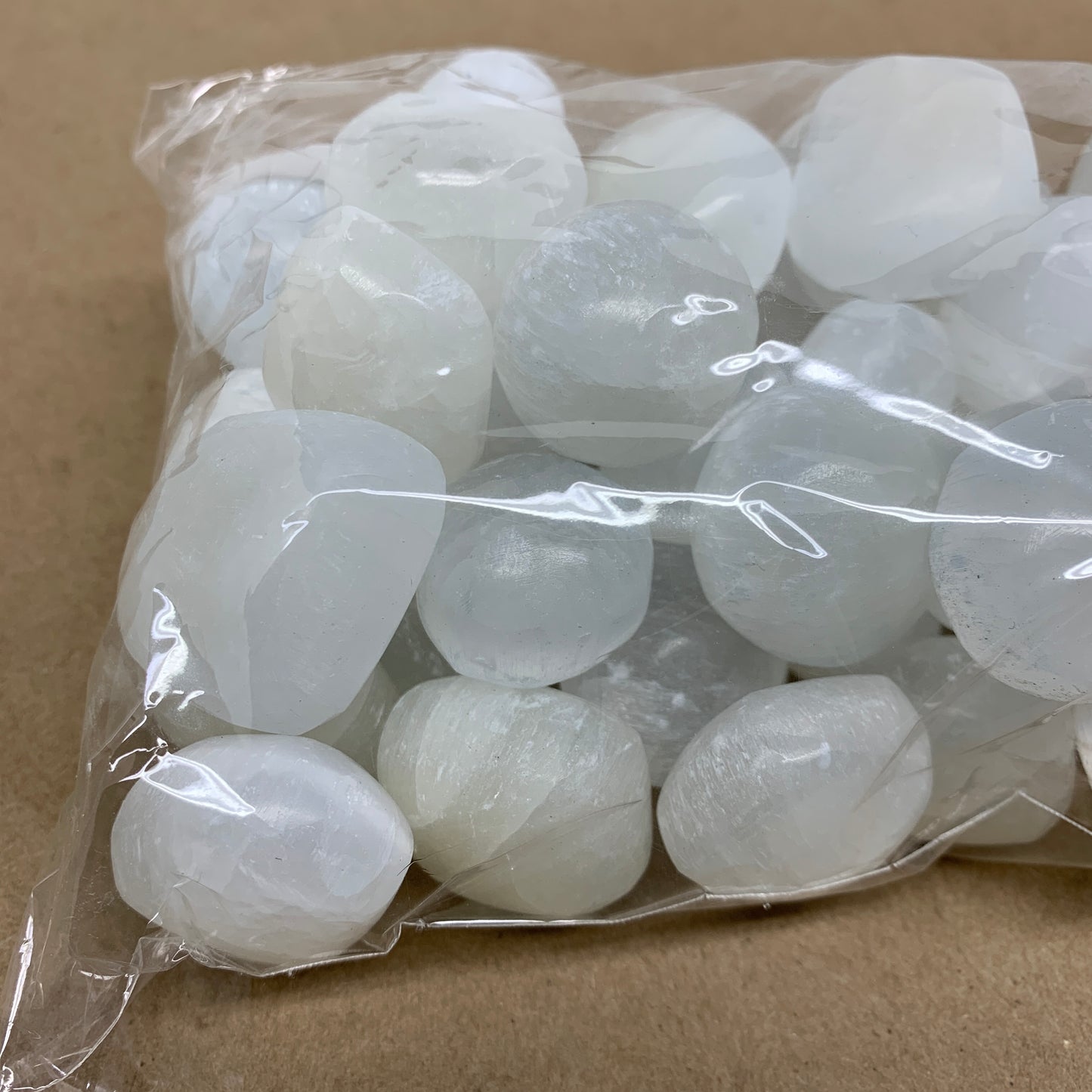 2.2 lbs, 1" x 1.4", Aprox 50pcs, Tumbled Selenite Crystals, Satin Spar, B36891