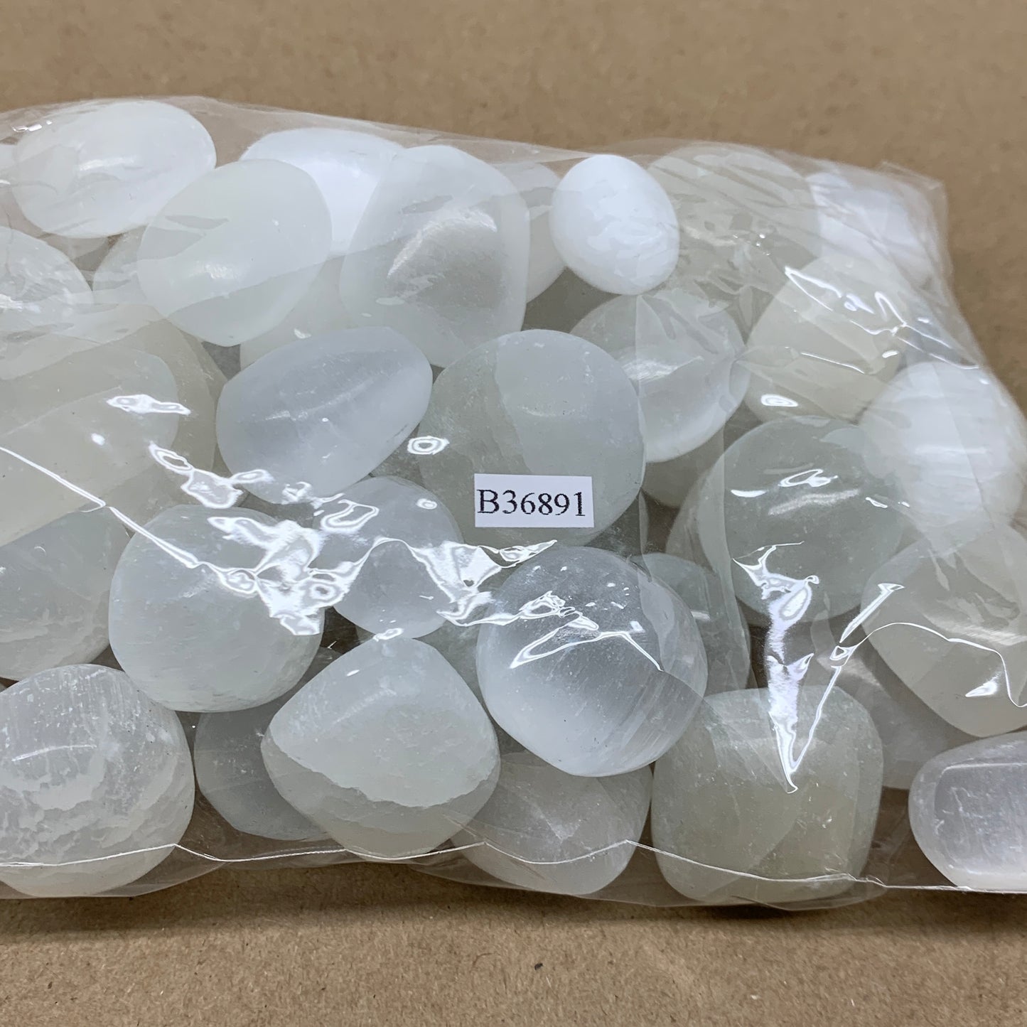 2.2 lbs, 1" x 1.4", Aprox 50pcs, Tumbled Selenite Crystals, Satin Spar, B36891