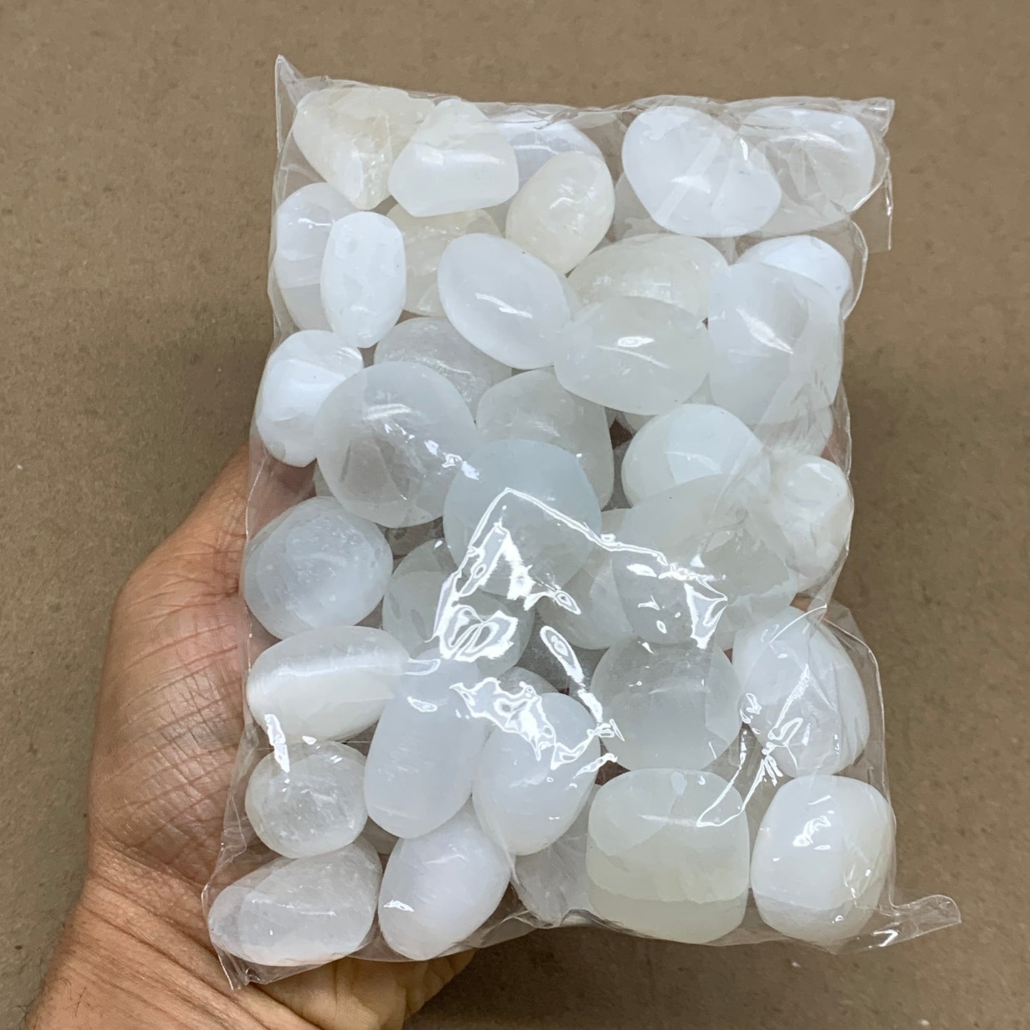 2.2 lbs, 1" x 1.4", Aprox 50pcs, Tumbled Selenite Crystals, Satin Spar, B36892