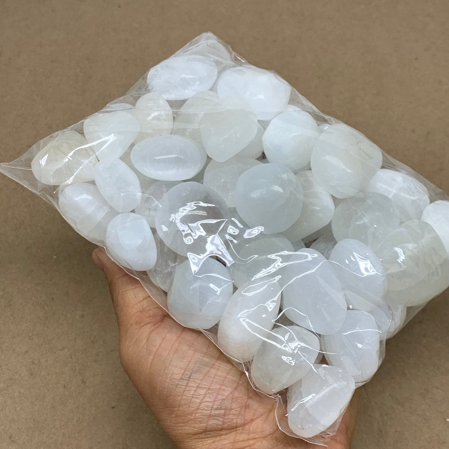 2.2 lbs, 1" x 1.4", Aprox 50pcs, Tumbled Selenite Crystals, Satin Spar, B36892
