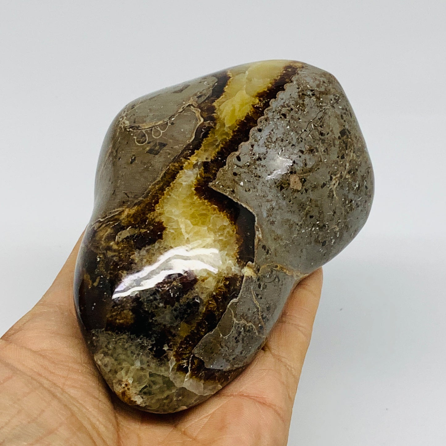 1.21 lbs, 4.1"x3.1"x2", Septarian Nodules Freeform Polished Crystal, B37385