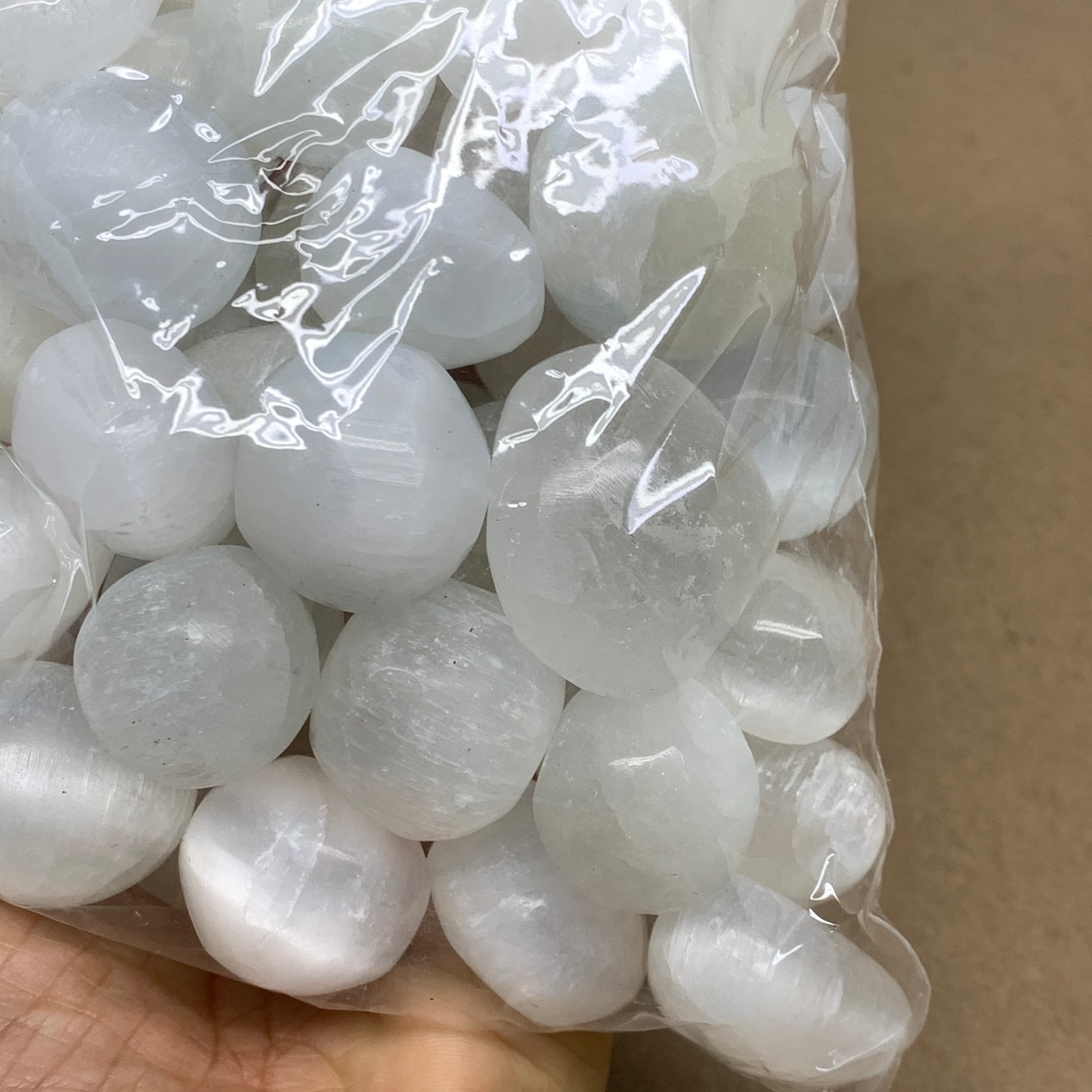2.2 lbs, 1" x 1.4", Aprox 50pcs, Tumbled Selenite Crystals, Satin Spar, B36892