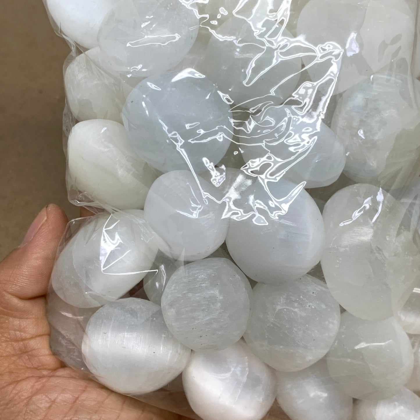 2.2 lbs, 1" x 1.4", Aprox 50pcs, Tumbled Selenite Crystals, Satin Spar, B36892