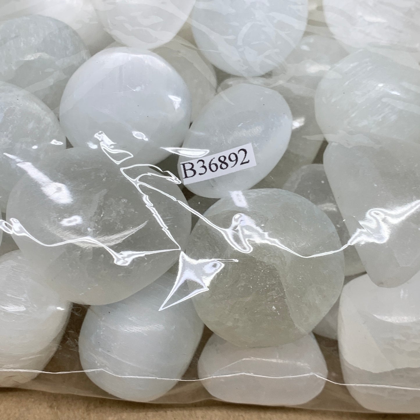 2.2 lbs, 1" x 1.4", Aprox 50pcs, Tumbled Selenite Crystals, Satin Spar, B36892