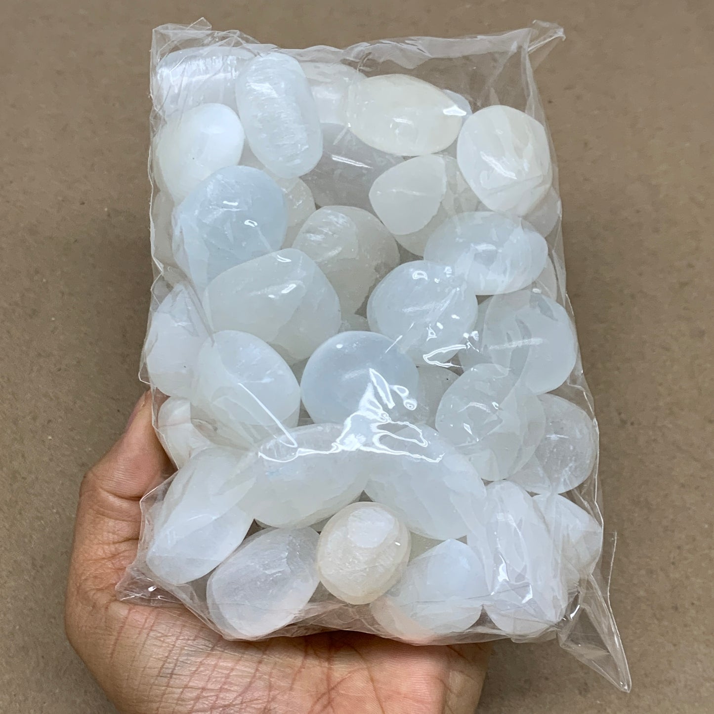 2.2 lbs, 1" x 1.4", Aprox 50pcs, Tumbled Selenite Crystals, Satin Spar, B36893