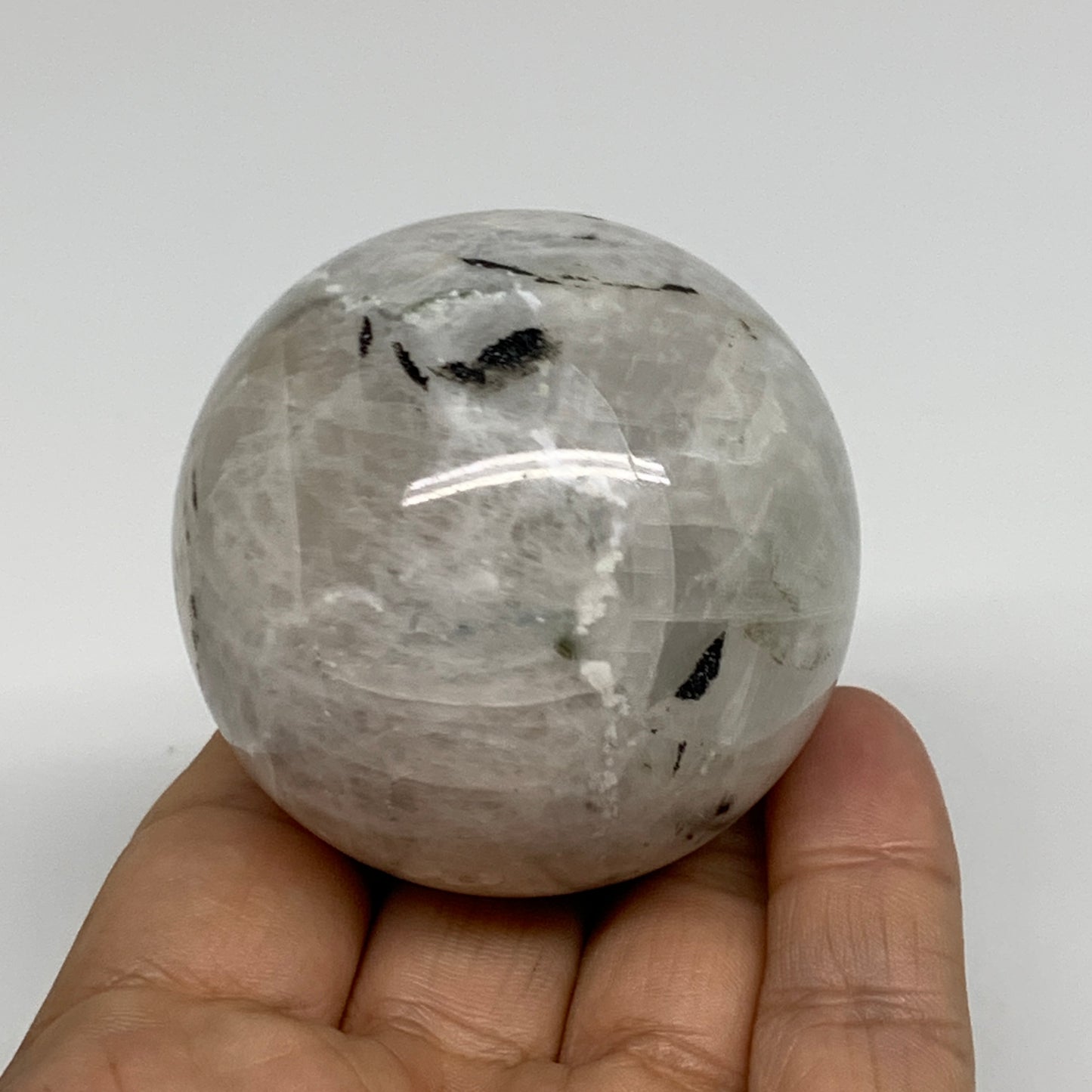 204.8g, 2.1"(53mm), Natural Rainbow Moonstone Sphere Ball Gemstone, B34376