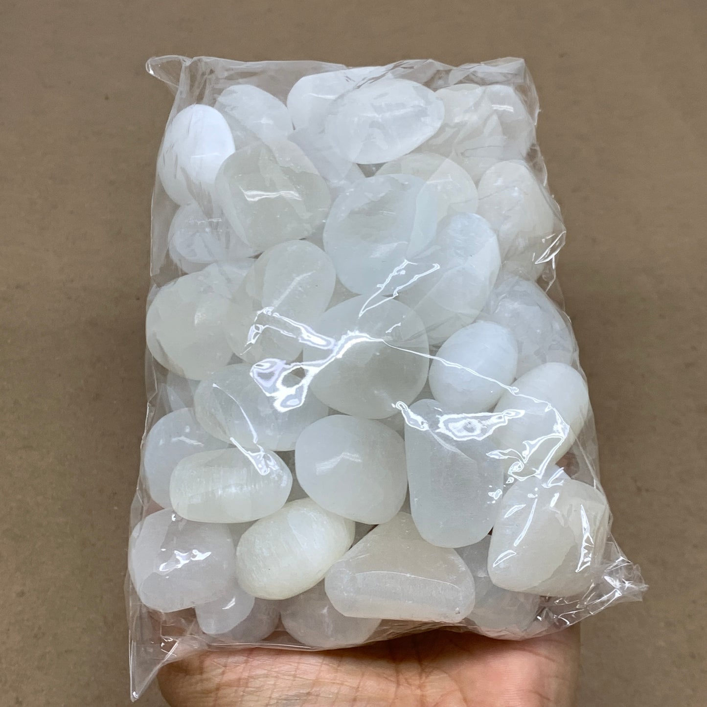 2.2 lbs, 1" x 1.4", Aprox 50pcs, Tumbled Selenite Crystals, Satin Spar, B36893