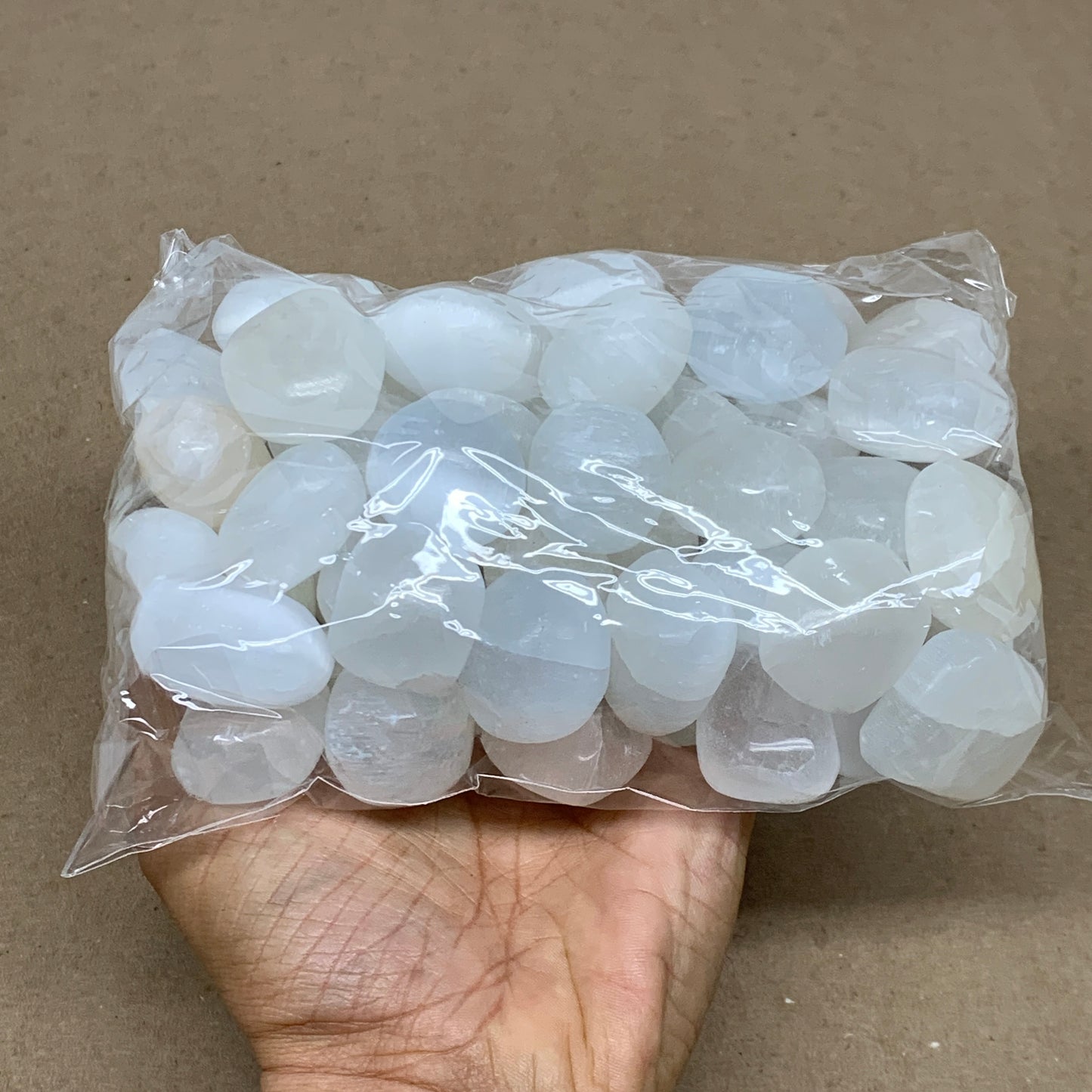 2.2 lbs, 1" x 1.4", Aprox 50pcs, Tumbled Selenite Crystals, Satin Spar, B36893