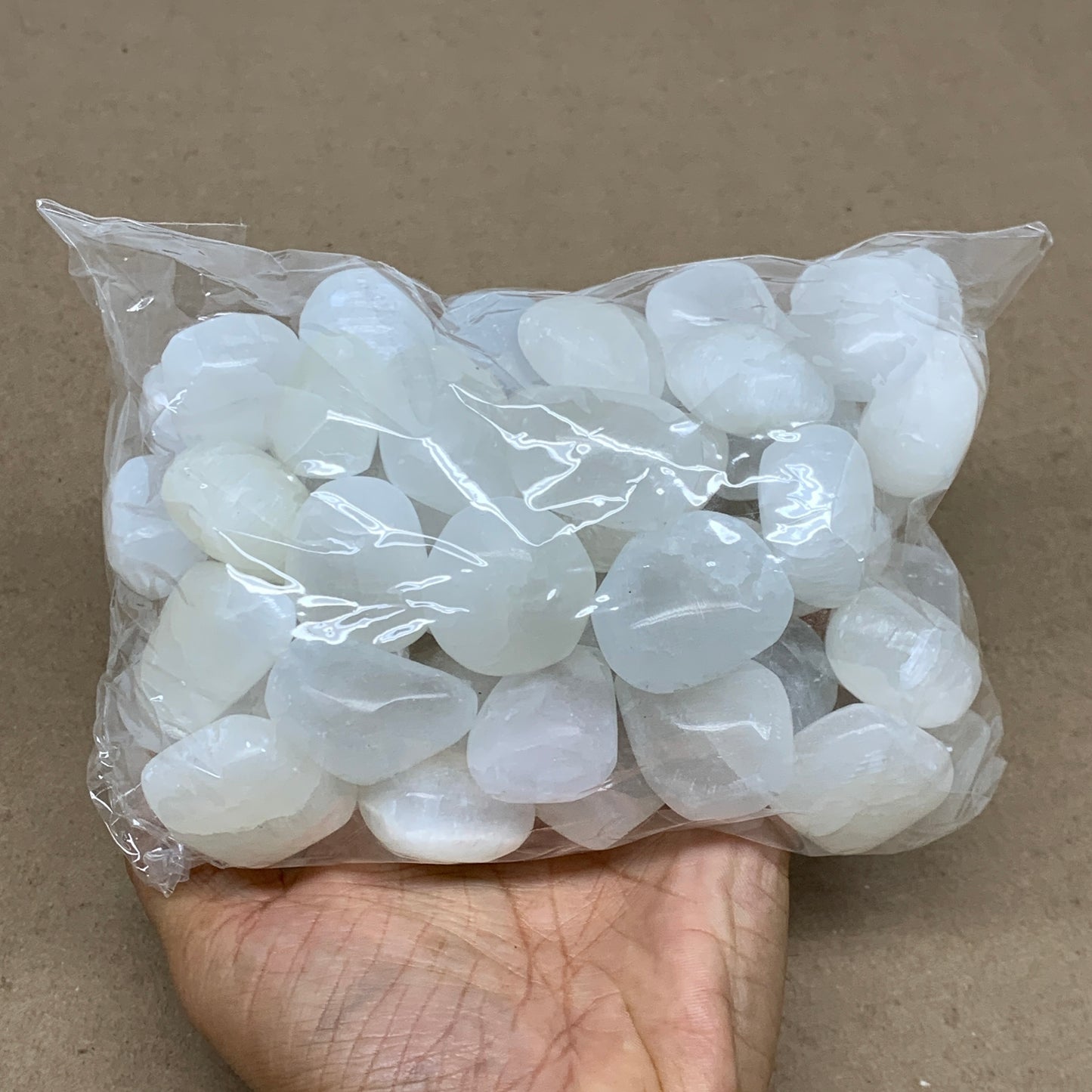 2.2 lbs, 1" x 1.4", Aprox 50pcs, Tumbled Selenite Crystals, Satin Spar, B36893