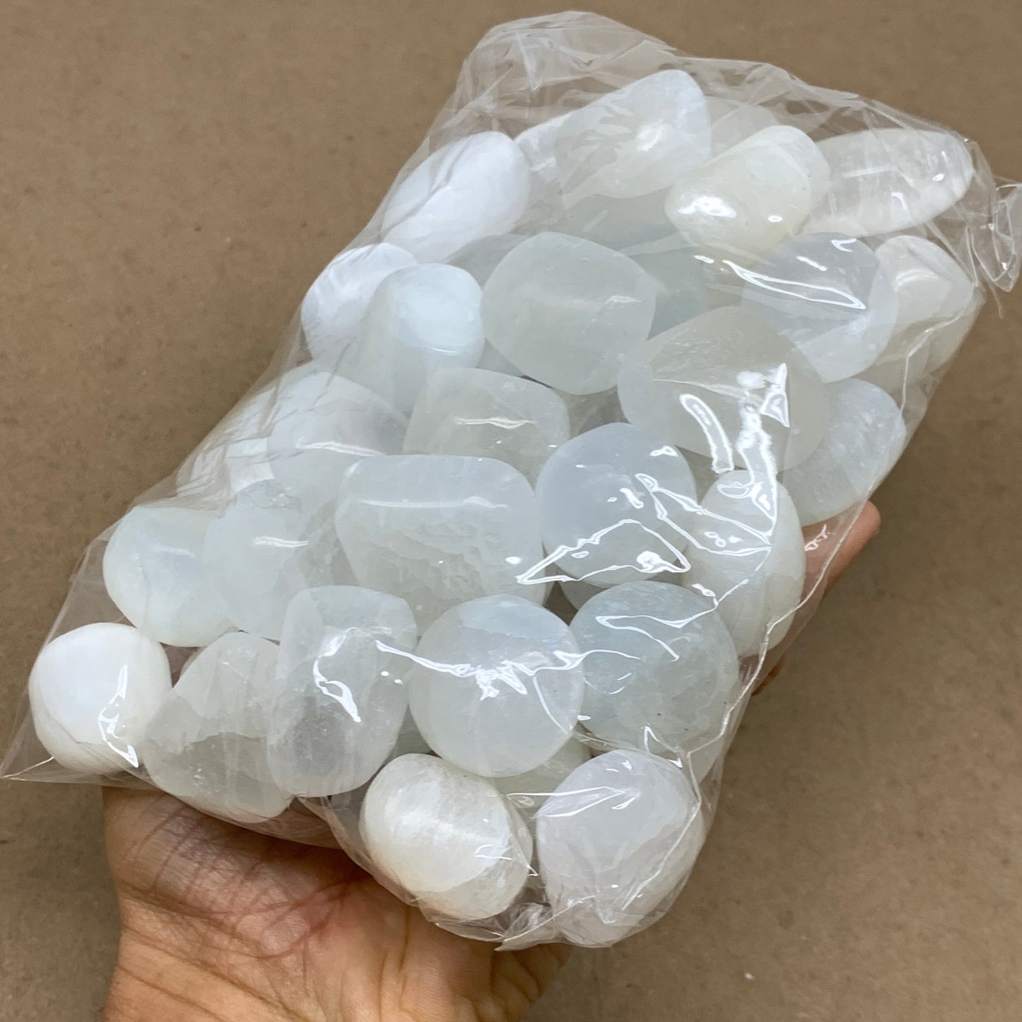 2.2 lbs, 1" x 1.4", Aprox 50pcs, Tumbled Selenite Crystals, Satin Spar, B36894