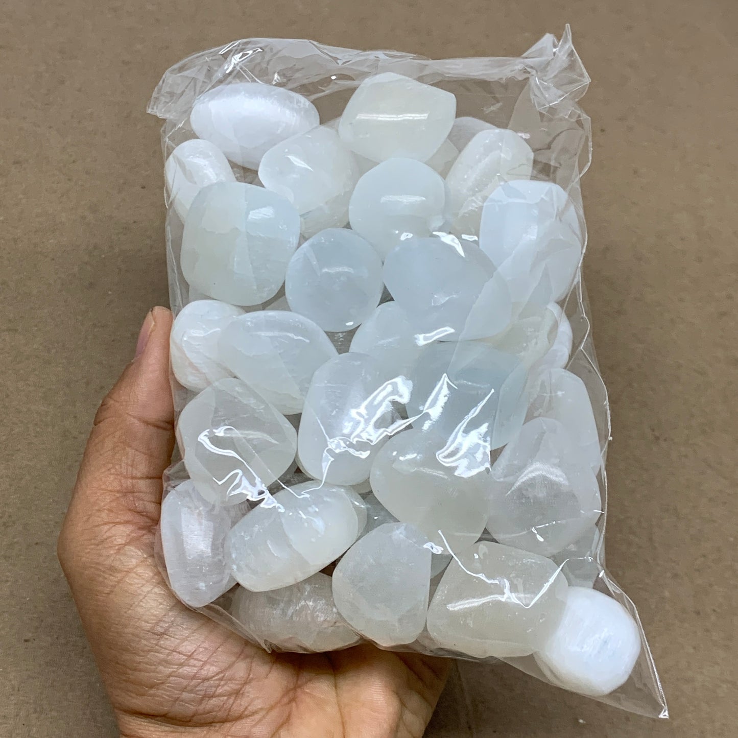 2.2 lbs, 1" x 1.4", Aprox 50pcs, Tumbled Selenite Crystals, Satin Spar, B36894