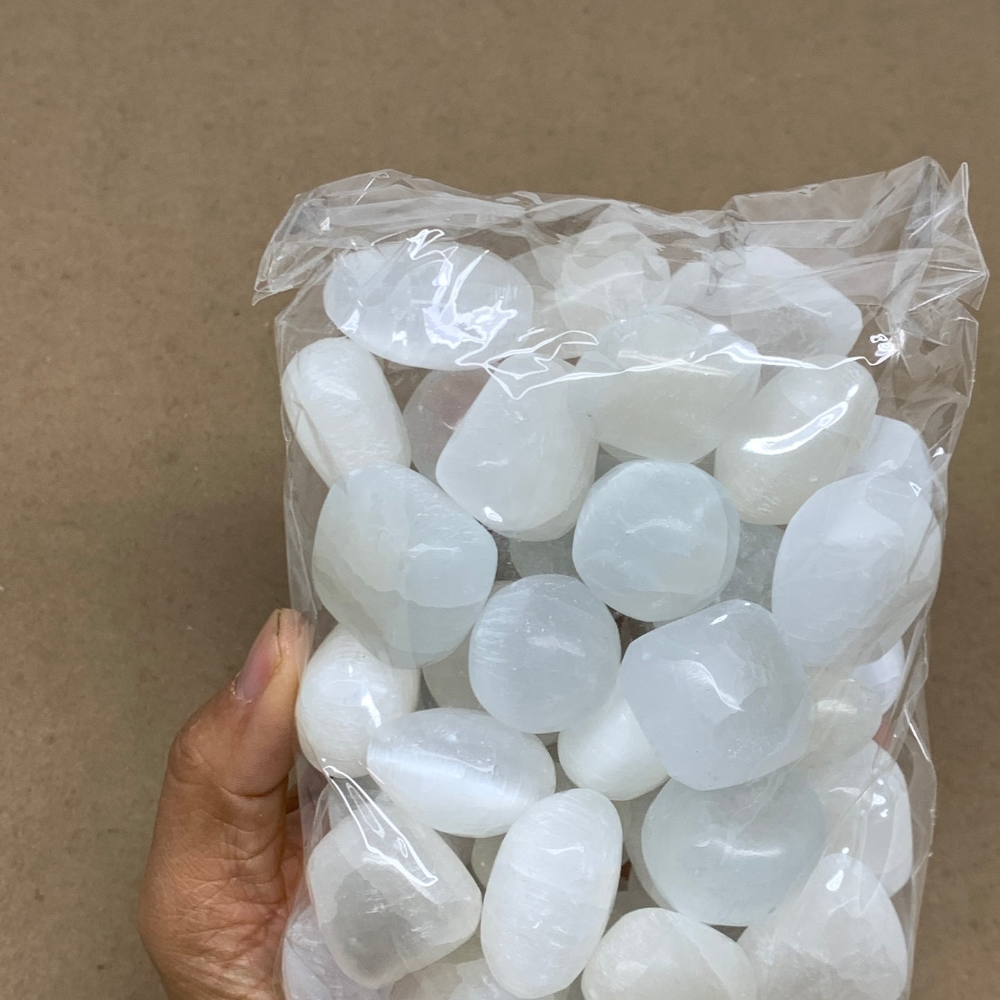 2.2 lbs, 1" x 1.4", Aprox 50pcs, Tumbled Selenite Crystals, Satin Spar, B36894