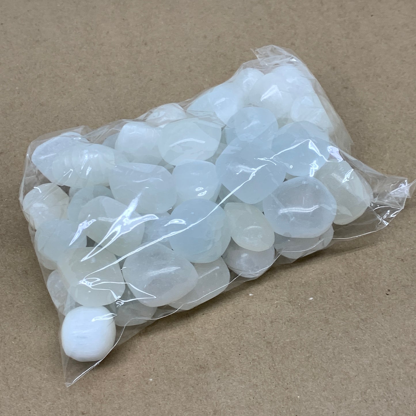 2.2 lbs, 1" x 1.4", Aprox 50pcs, Tumbled Selenite Crystals, Satin Spar, B36894