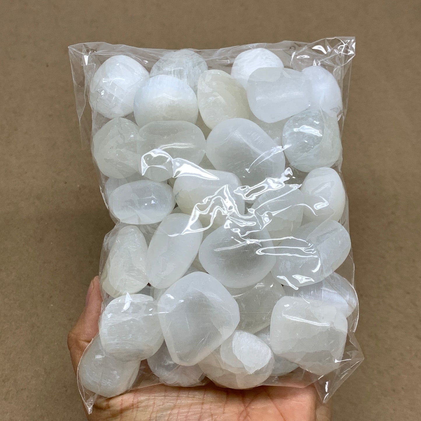 2.2 lbs, 1" x 1.4", Aprox 50pcs, Tumbled Selenite Crystals, Satin Spar, B36895