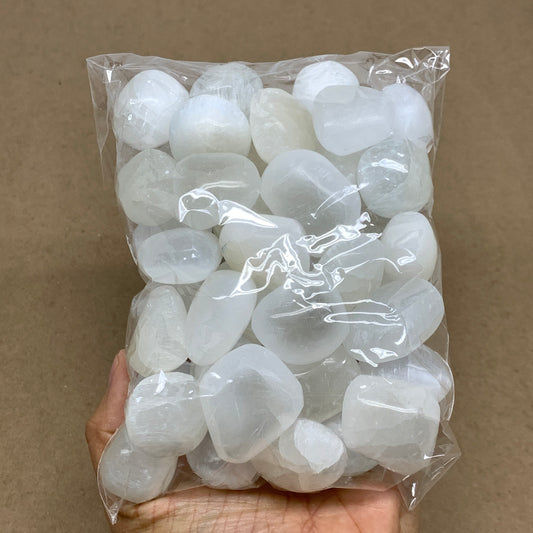 2.2 lbs, 1" x 1.4", Aprox 50pcs, Tumbled Selenite Crystals, Satin Spar, B36895