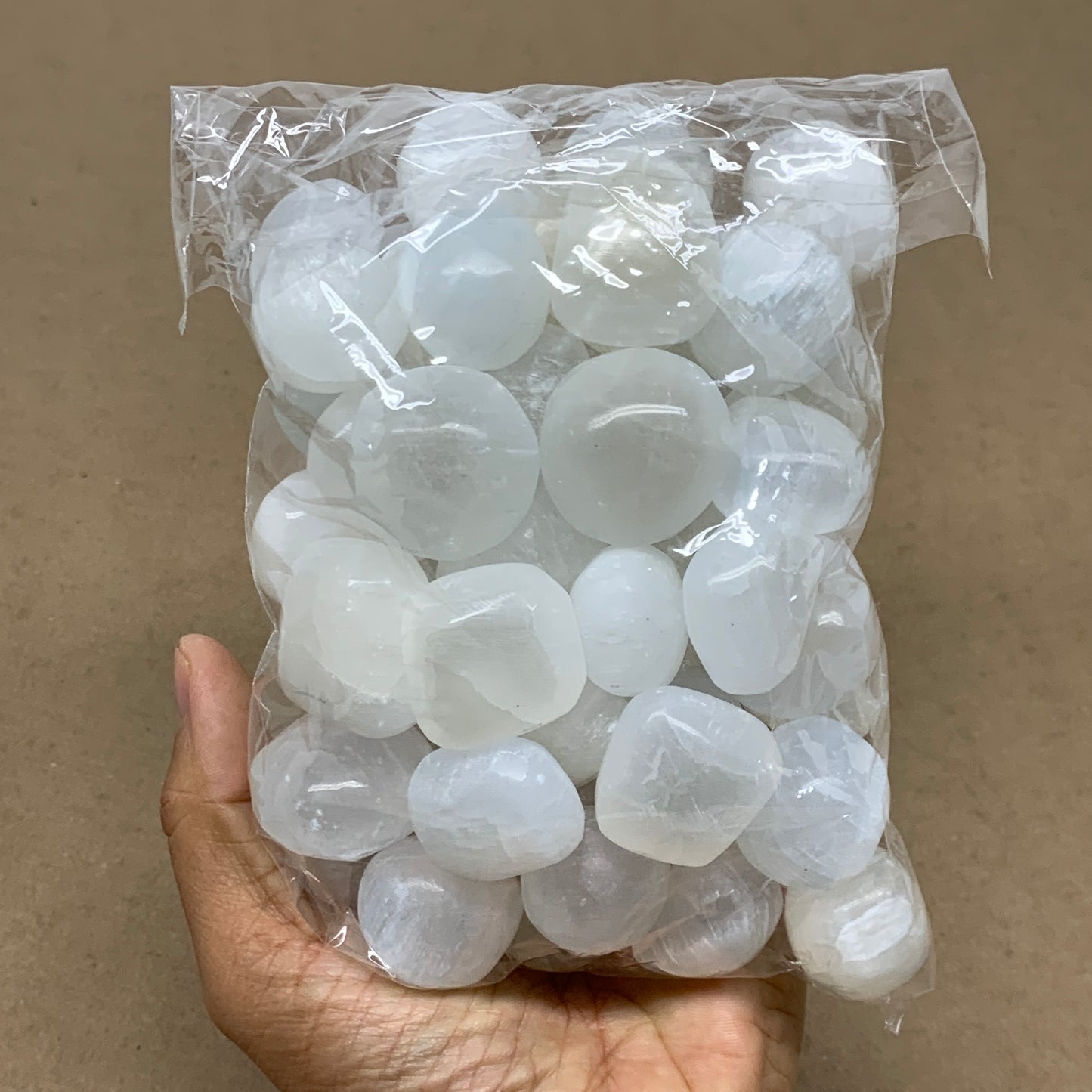 2.2 lbs, 1" x 1.4", Aprox 50pcs, Tumbled Selenite Crystals, Satin Spar, B36895