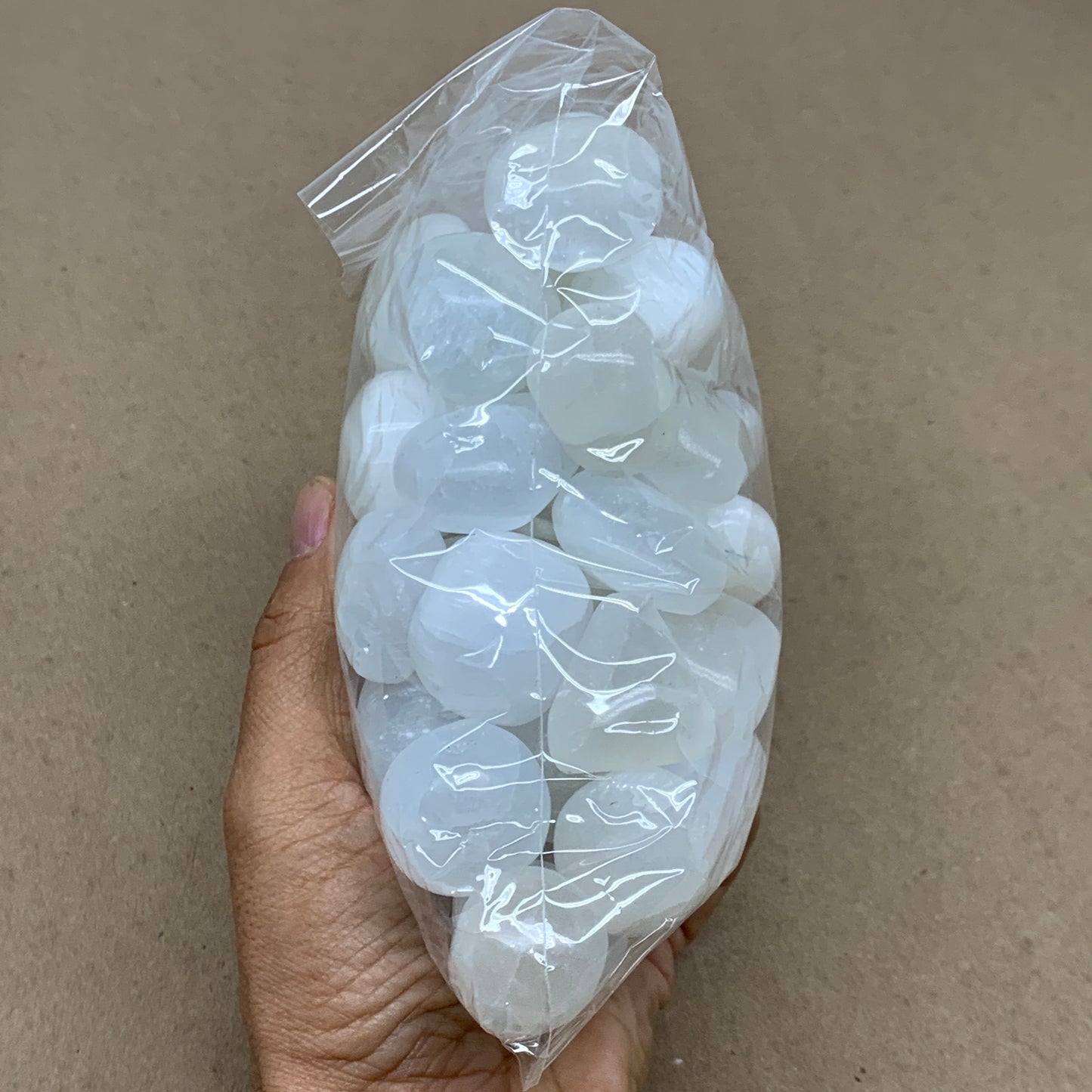 2.2 lbs, 1" x 1.4", Aprox 50pcs, Tumbled Selenite Crystals, Satin Spar, B36895