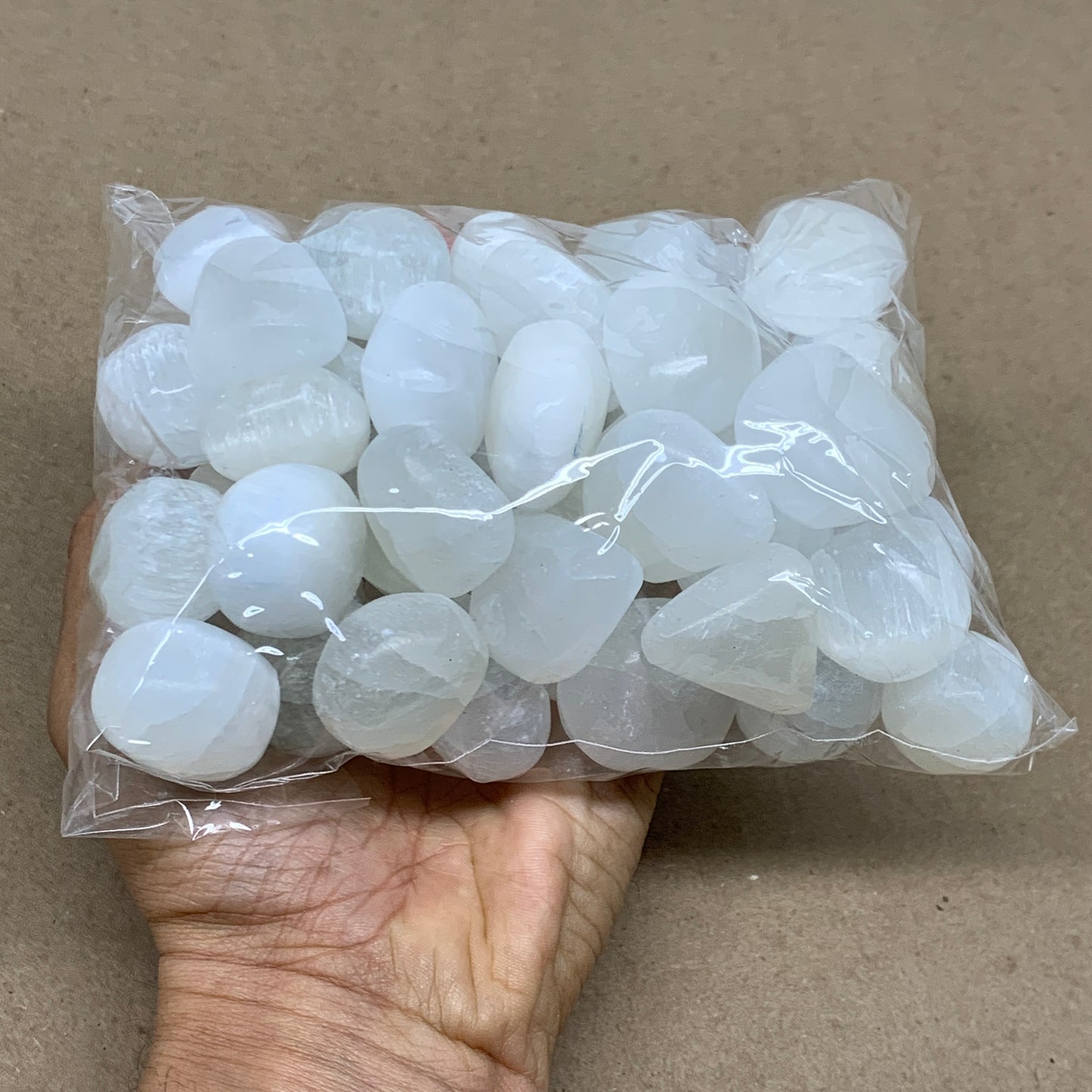 2.2 lbs, 1" x 1.4", Aprox 50pcs, Tumbled Selenite Crystals, Satin Spar, B36895
