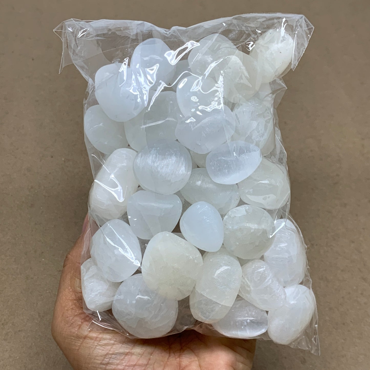 2.2 lbs, 1" x 1.4", Aprox 50pcs, Tumbled Selenite Crystals, Satin Spar, B36896