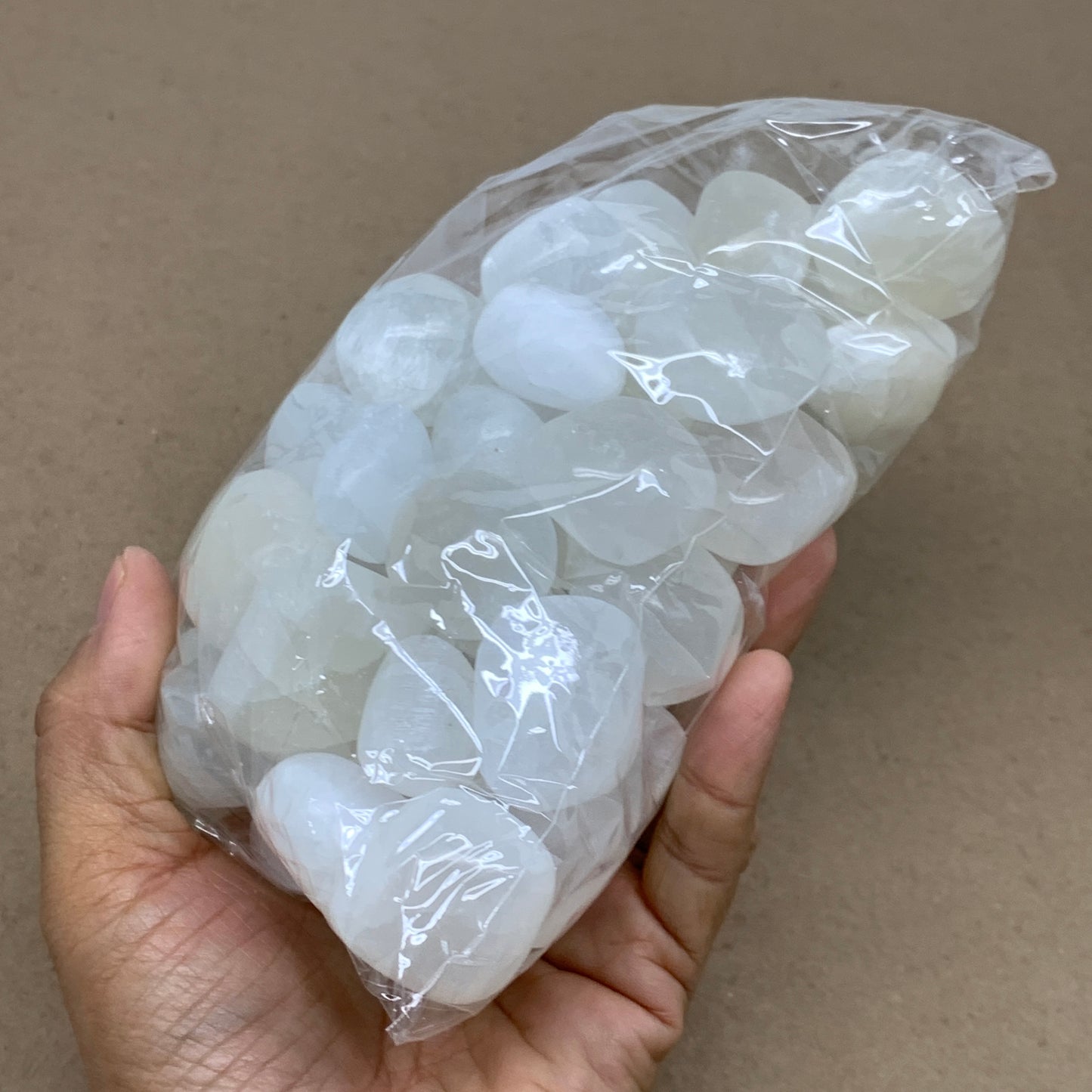 2.2 lbs, 1" x 1.4", Aprox 50pcs, Tumbled Selenite Crystals, Satin Spar, B36896