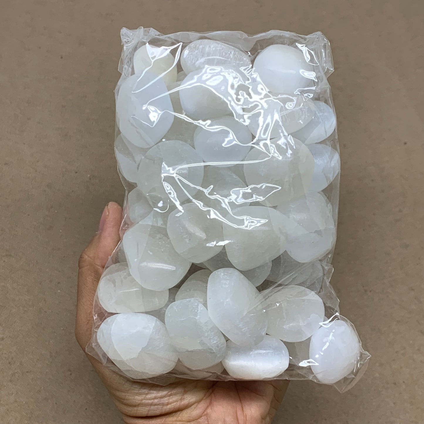 2.2 lbs, 1" x 1.4", Aprox 50pcs, Tumbled Selenite Crystals, Satin Spar, B36897