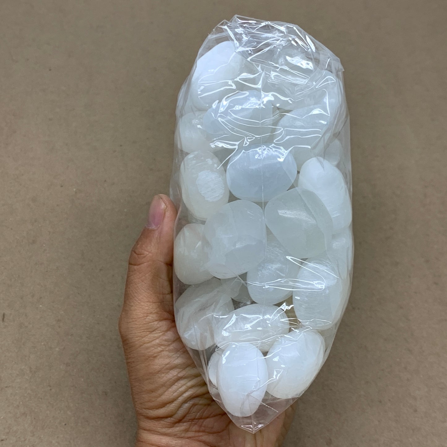 2.2 lbs, 1" x 1.4", Aprox 50pcs, Tumbled Selenite Crystals, Satin Spar, B36897