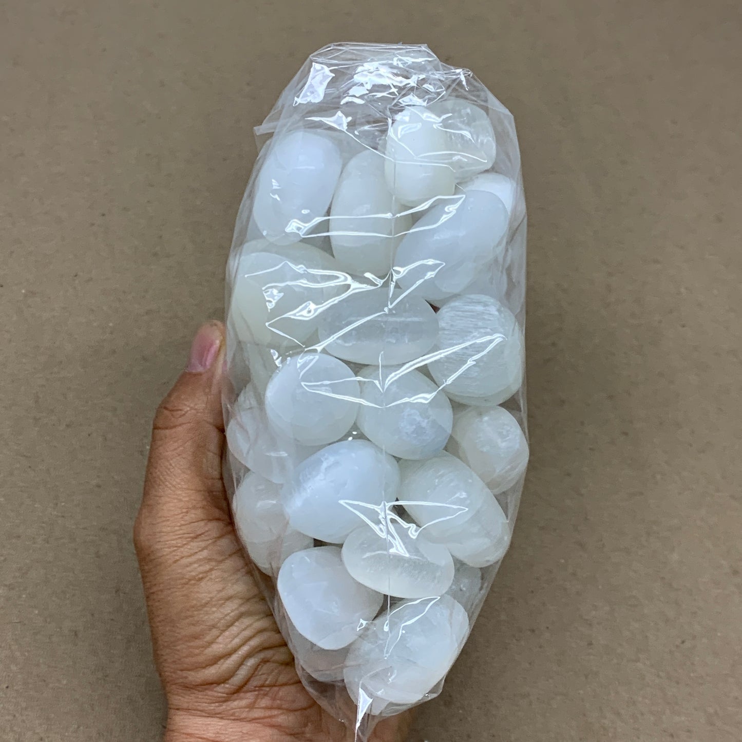 2.2 lbs, 1" x 1.4", Aprox 50pcs, Tumbled Selenite Crystals, Satin Spar, B36897