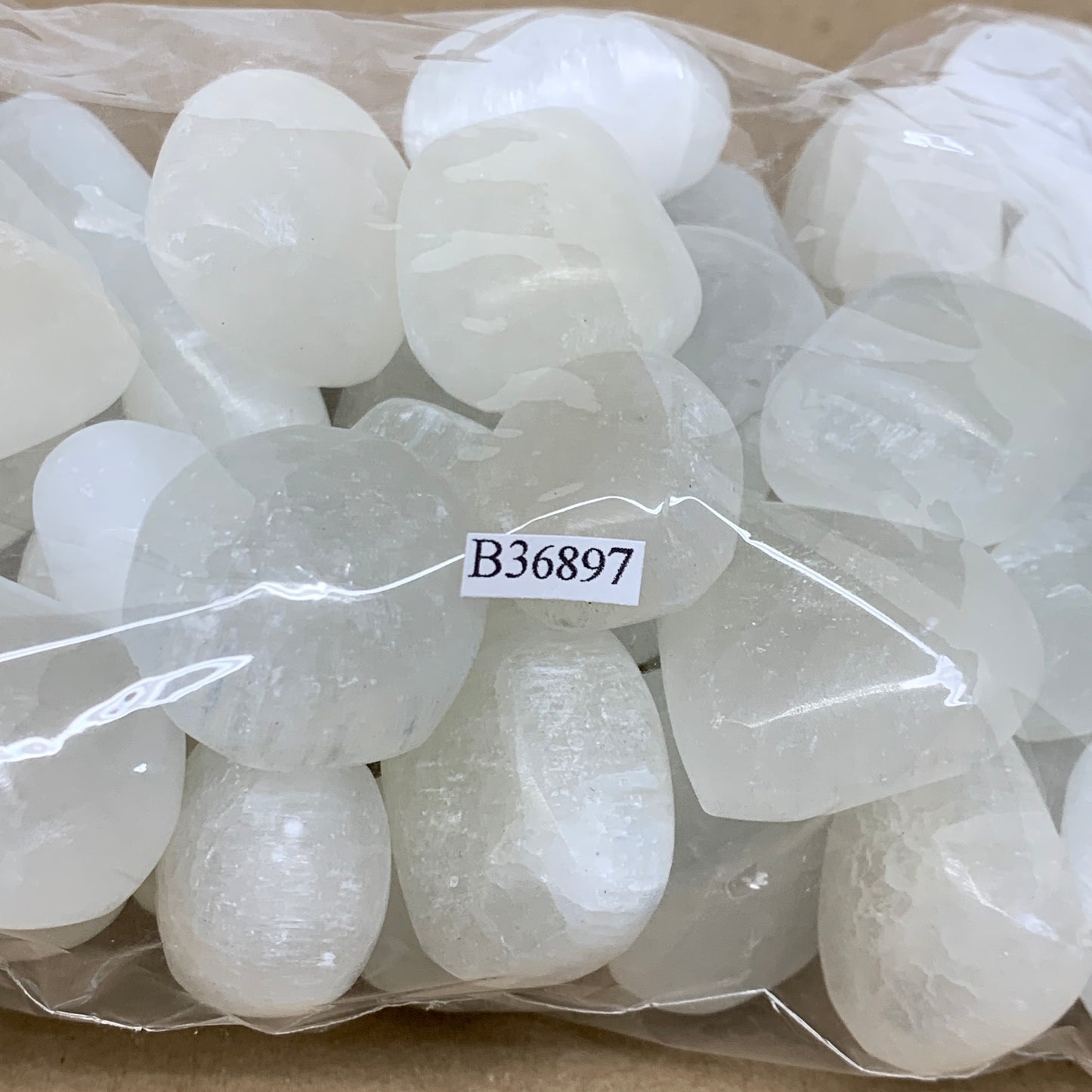 2.2 lbs, 1" x 1.4", Aprox 50pcs, Tumbled Selenite Crystals, Satin Spar, B36897
