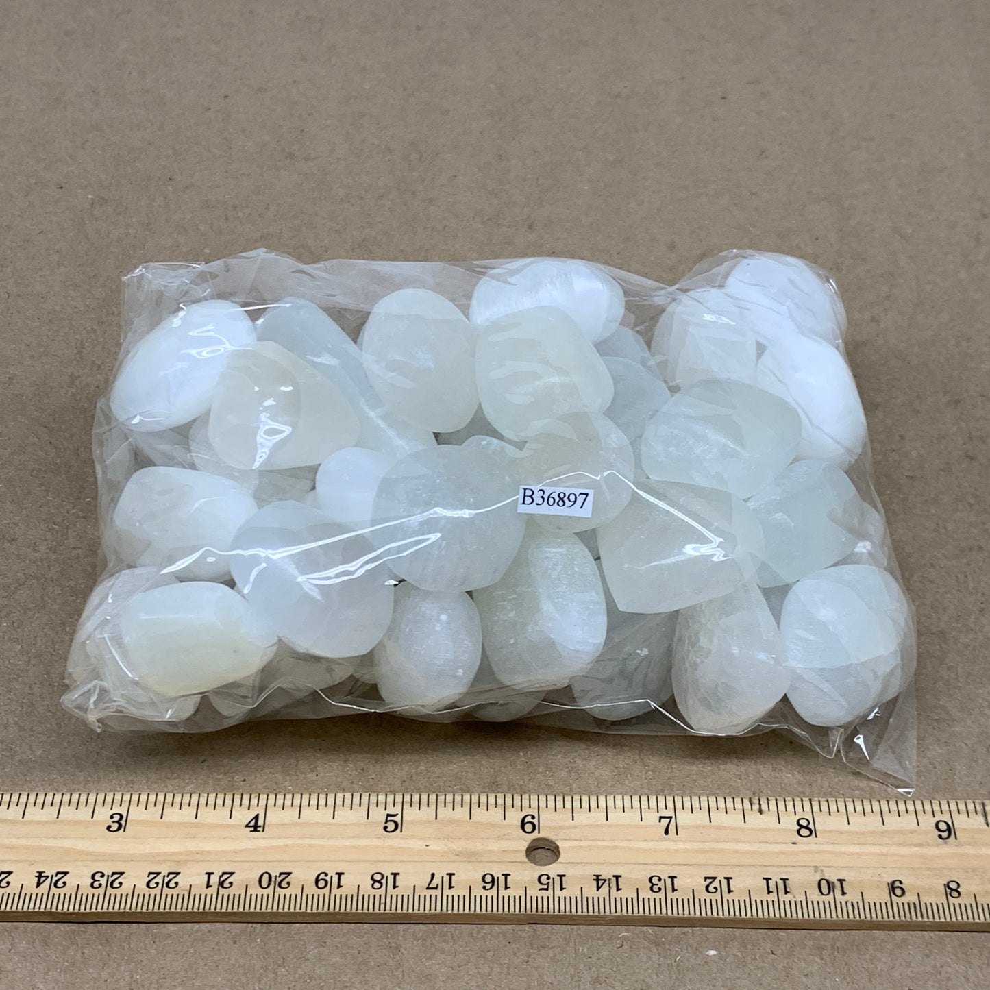 2.2 lbs, 1" x 1.4", Aprox 50pcs, Tumbled Selenite Crystals, Satin Spar, B36897