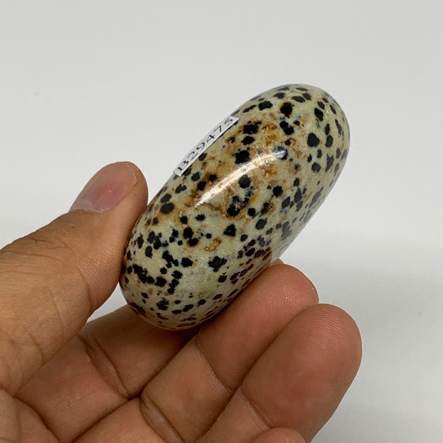 77.6g, 2.1"x1.6"x0.9", Natural Dalmatian Jasper Palm-Stone @India, B29475