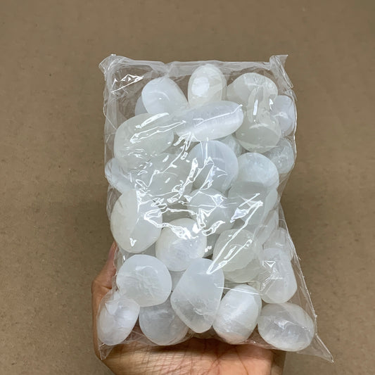 2.23 lbs, 1" x 1.4", Aprox 50pcs, Tumbled Selenite Crystals, Satin Spar, B36899