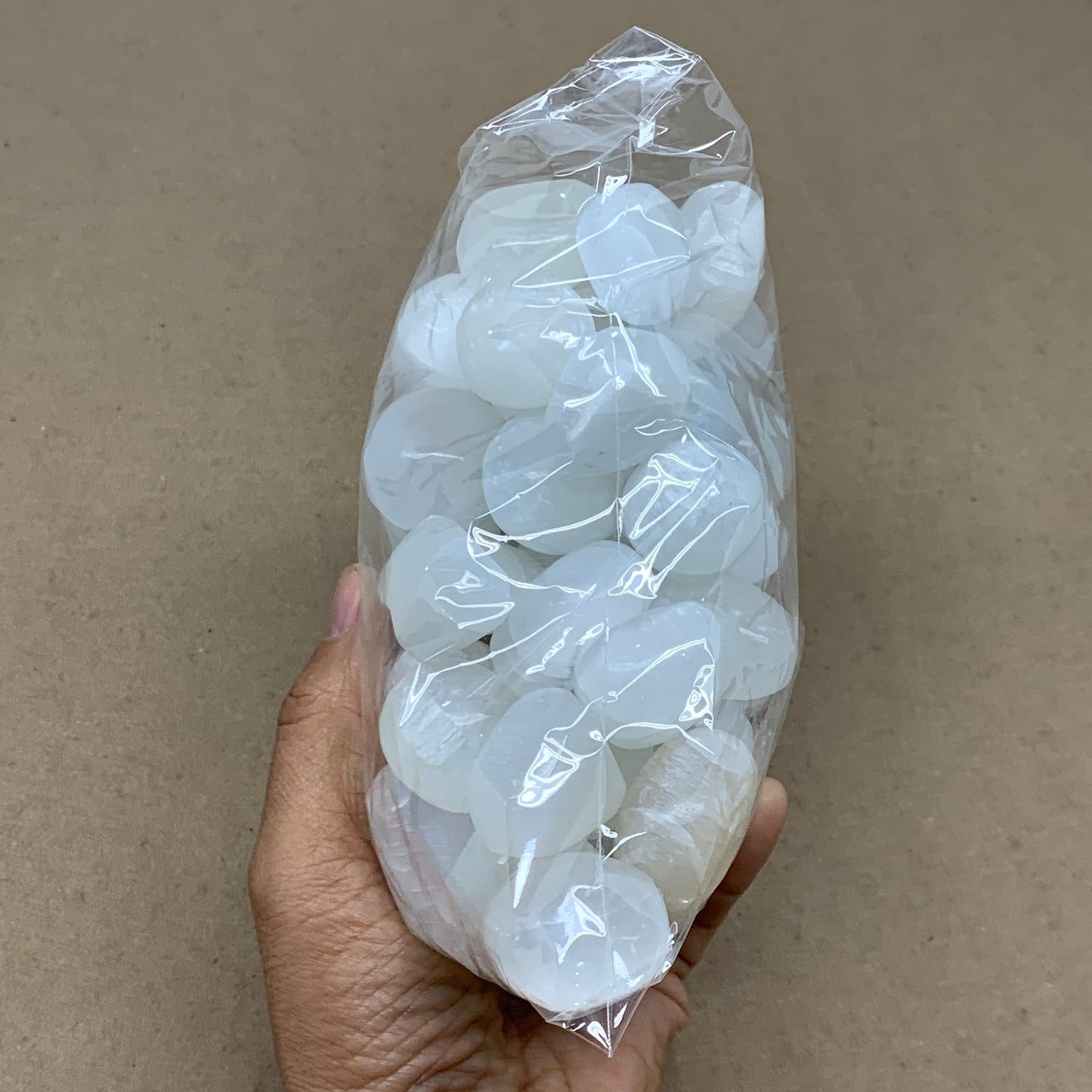 2.23 lbs, 1" x 1.4", Aprox 50pcs, Tumbled Selenite Crystals, Satin Spar, B36899