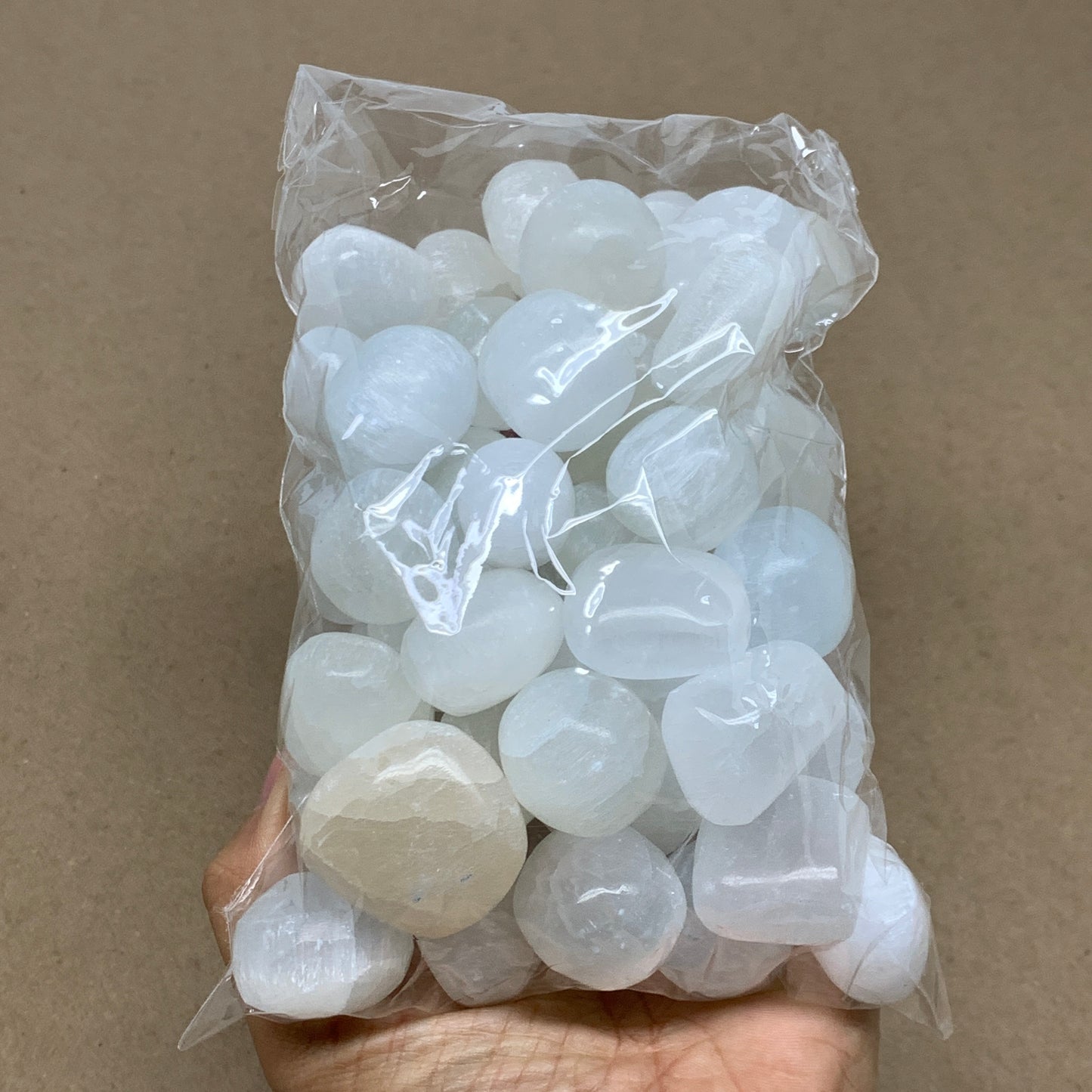 2.23 lbs, 1" x 1.4", Aprox 50pcs, Tumbled Selenite Crystals, Satin Spar, B36899