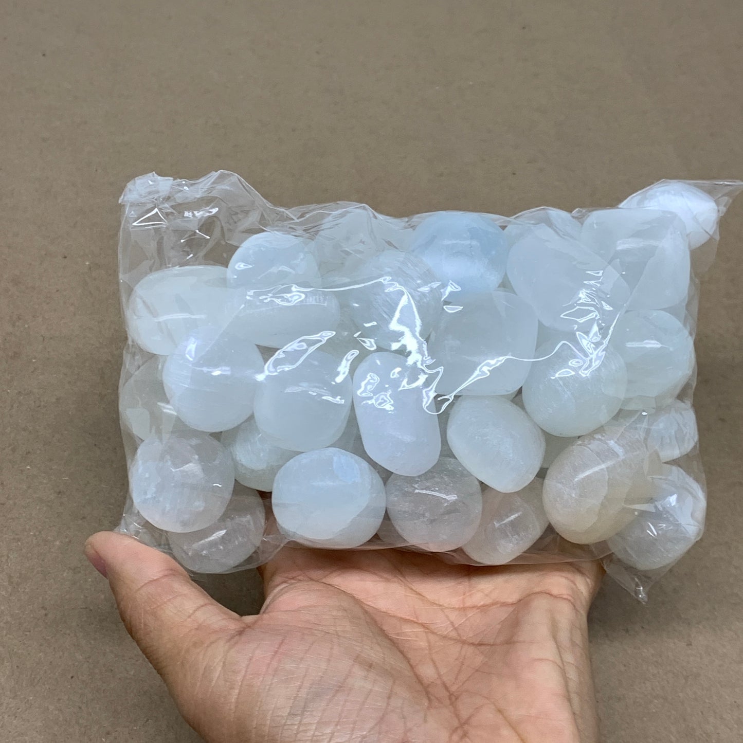 2.23 lbs, 1" x 1.4", Aprox 50pcs, Tumbled Selenite Crystals, Satin Spar, B36899