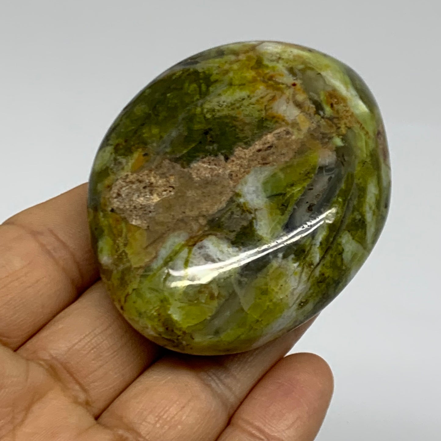 114.5g, 2.6"x2.1"x1", Green Opal Crystal PalmStone Polished Reiki, B38251