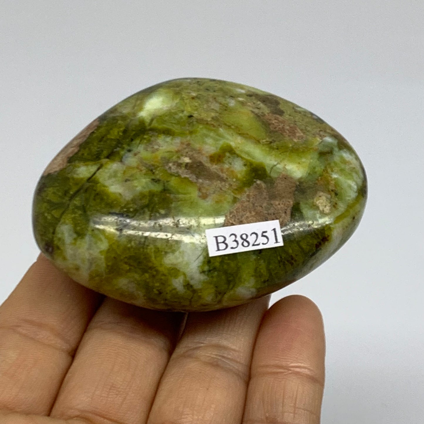 114.5g, 2.6"x2.1"x1", Green Opal Crystal PalmStone Polished Reiki, B38251