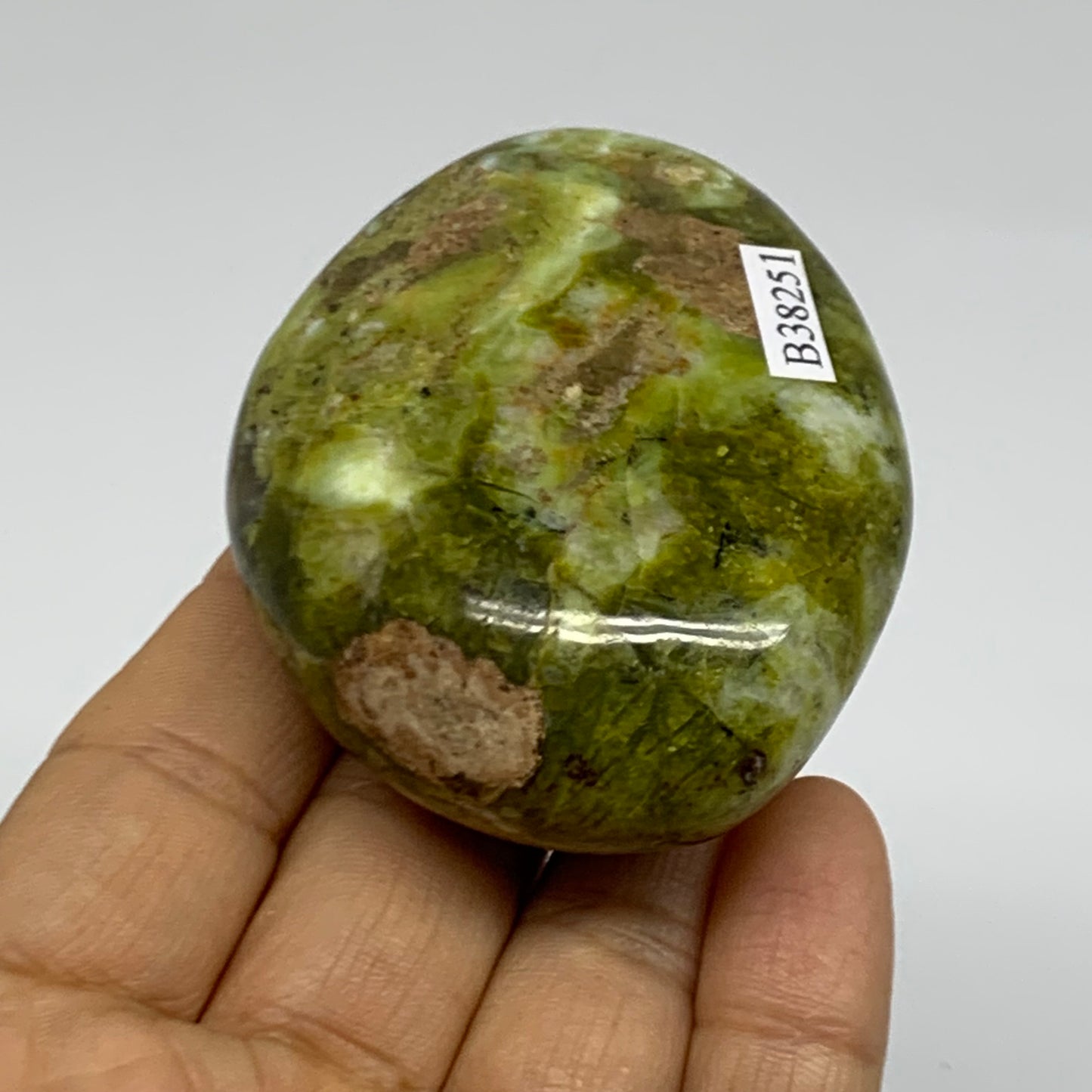114.5g, 2.6"x2.1"x1", Green Opal Crystal PalmStone Polished Reiki, B38251