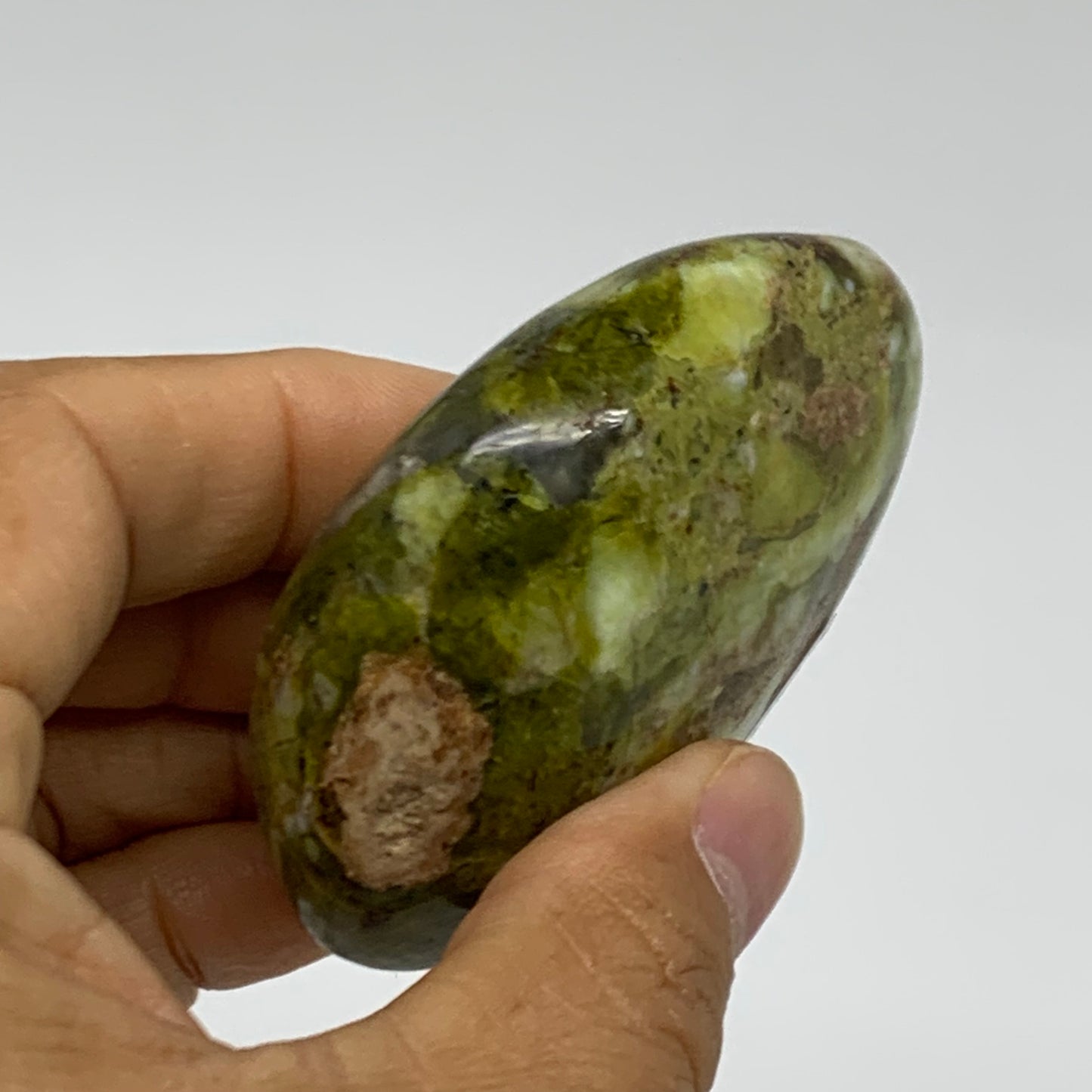 114.5g, 2.6"x2.1"x1", Green Opal Crystal PalmStone Polished Reiki, B38251