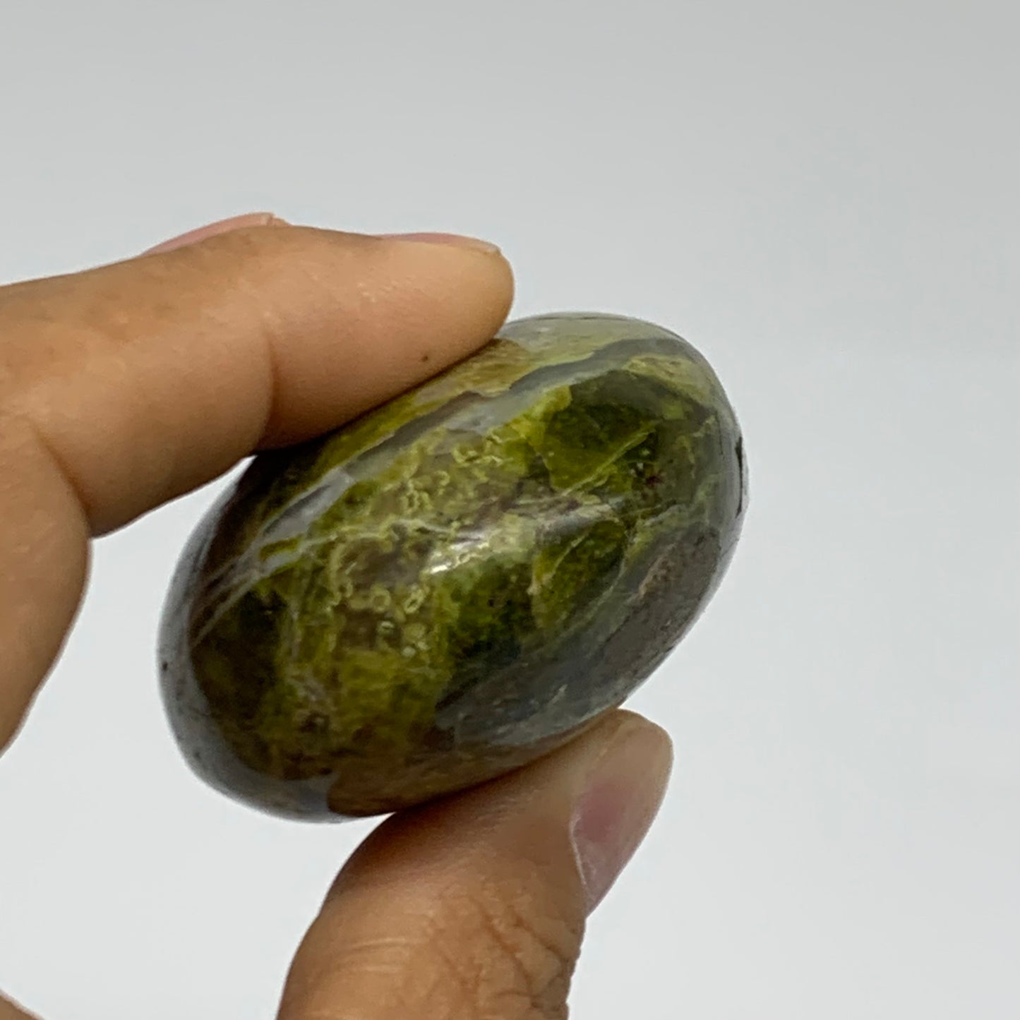 107.2g, 2.6"x1.8"x1.2", Green Opal Crystal PalmStone Polished Reiki, B38252
