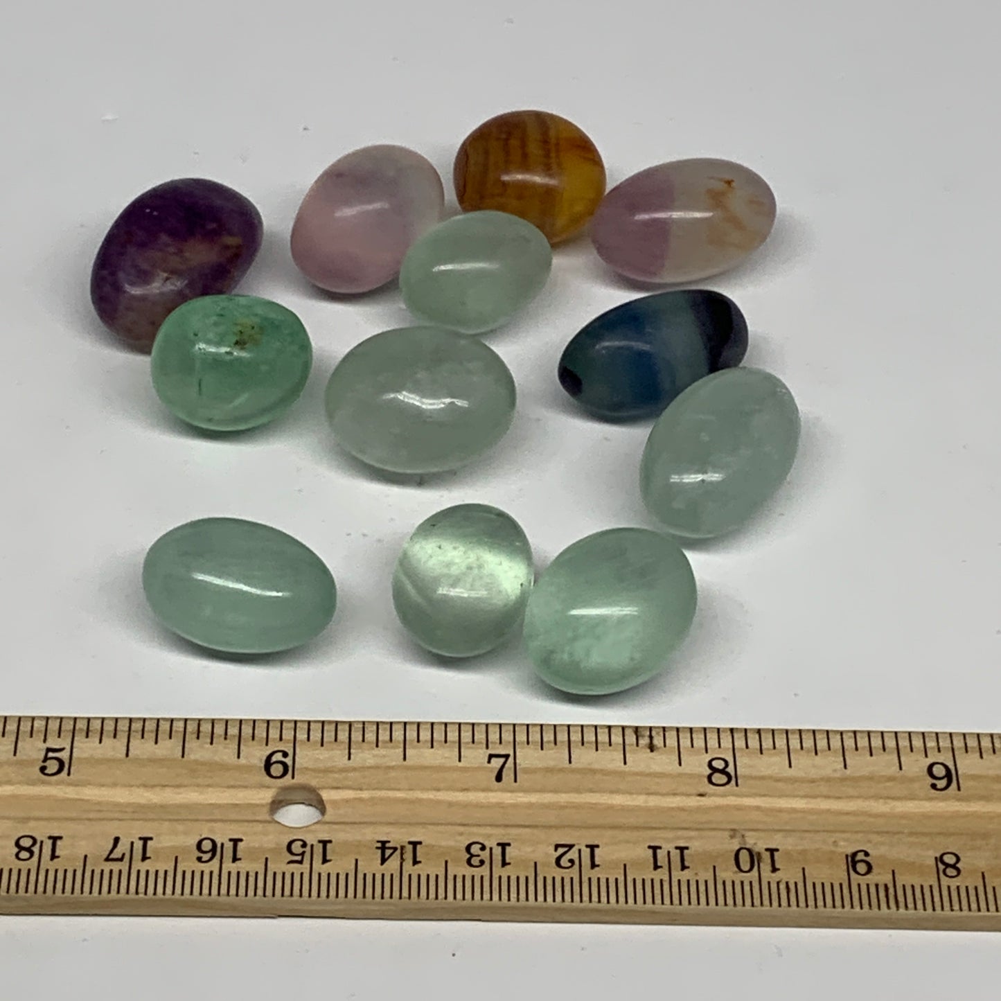 136.4g, 0.8"-1.1", 12pcs, Multi Color Fluorite Crystal Tumbled Stones, B28741
