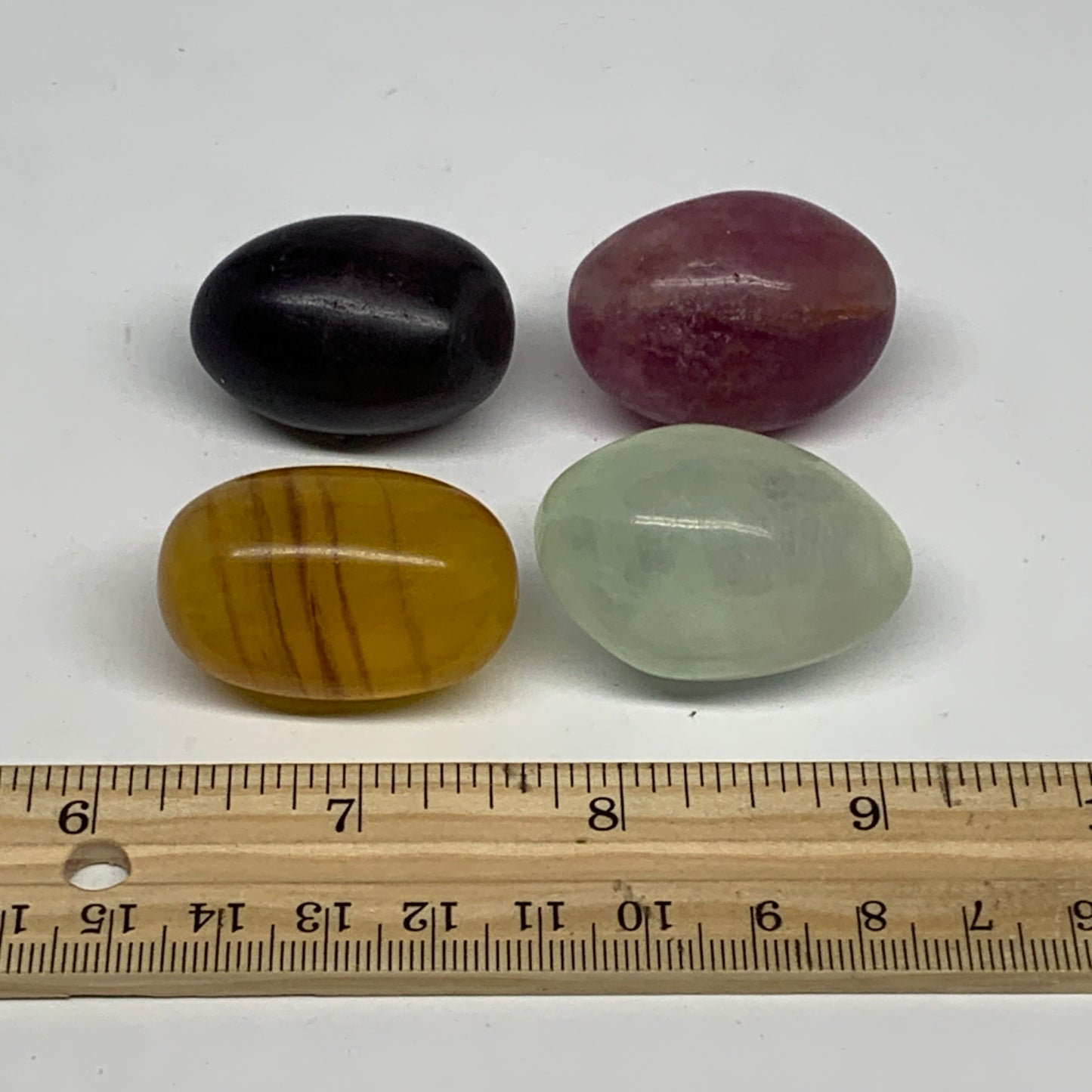 148.6g, 0.9"-1.5", 4pcs, Multi Color Fluorite Crystal Tumbled Stones, B28743