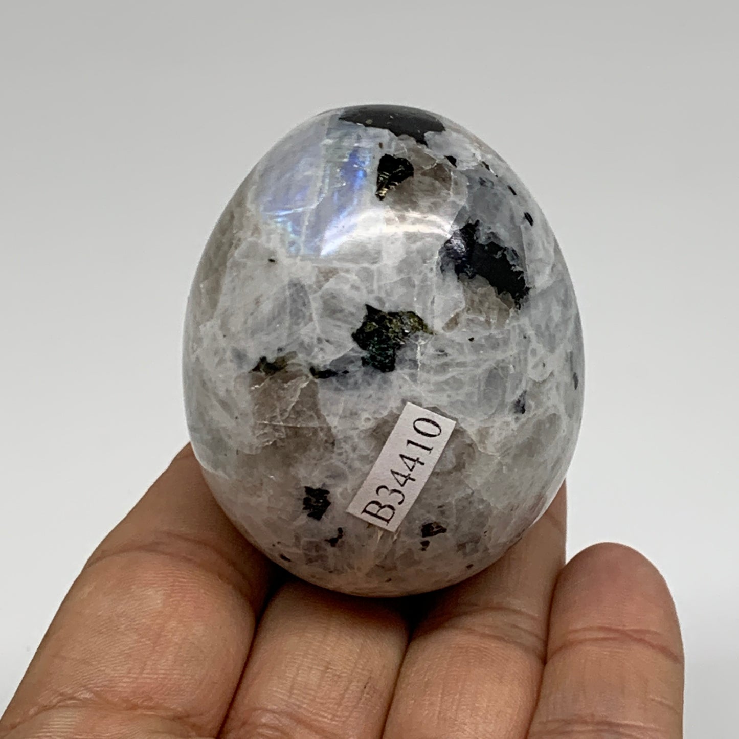 144.5g, 2.1"x1.7", Natural Gemstone White Rainbow Moonstone Egg, B34410